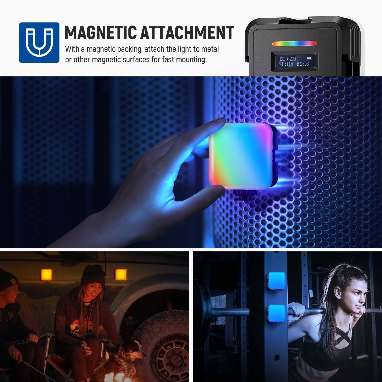 MAGNETIC ATTACHMENT  
With a magnetic backing, attach the light to metal or other magnetic surfaces for fast mounting.  

HSI > 23  
RH:119  
GS:98