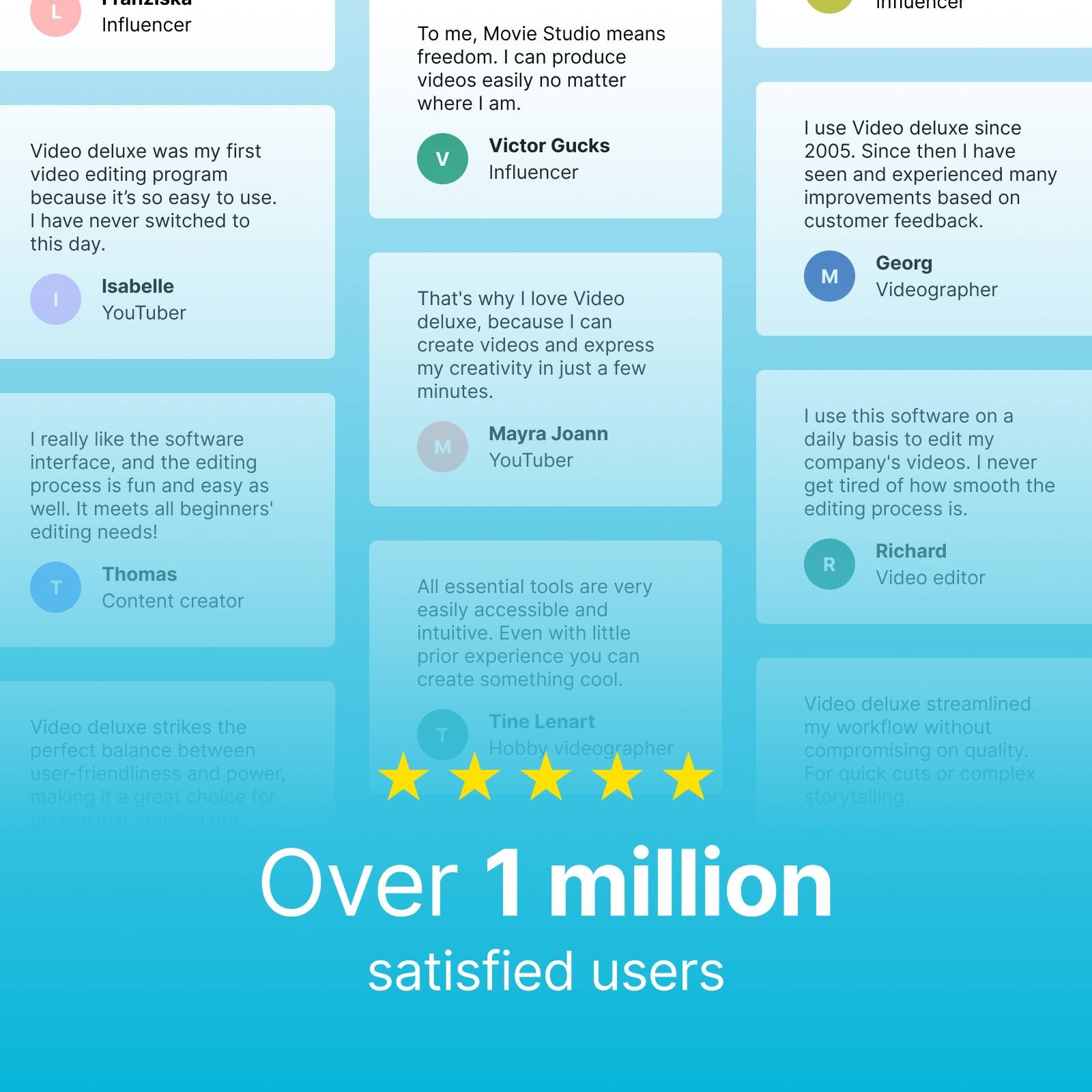 Sure, here is the corrected and grouped text:

---

**L**  
Influencer  
To me, Movie Studio means freedom. I can produce videos easily no matter where I am.

**V**  
Victor Gucks  
Influencer  
Video deluxe was my first video editing program because it's so easy to use. I have never switched to this day.

**I**  
Isabelle  
YouTuber  
That's why I love Video deluxe, because I can create videos and express my creativity in just a few minutes.

**M**  
Mayra Joann  
YouTuber  
I really like the software interface, and the editing process is fun and easy as well. It meets all beginners' editing needs!

**T**  
Thomas  
Content creator  
All essential tools are very easily accessible and intuitive. Even with little prior experience you can create something cool.

**M**  
Georg  
Videographer  
I use Video deluxe since 2005. Since then I have seen and experienced many improvements based on customer feedback.

**R**  
Richard  
Video editor  
I use this software on a daily basis to edit my company's videos. I never get tired of how smooth the editing process is.

**T**  
Time Le