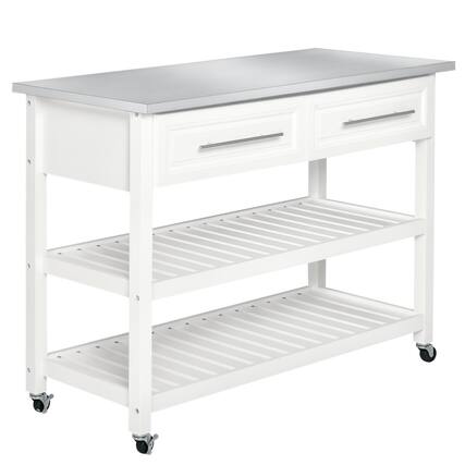 Front. Homcom - Kitchen Island with Stainless Steel Top, Traditional Kitchen Island with Storage, 2-Tier Open Shelves, Drawers - White.
