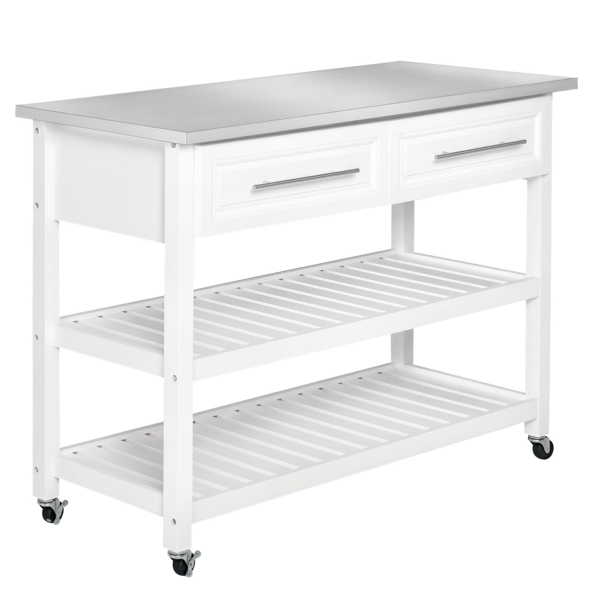 Homcom - Kitchen Island with Stainless Steel Top, Traditional Kitchen Island with Storage, 2-Tier Open Shelves, Drawers - White