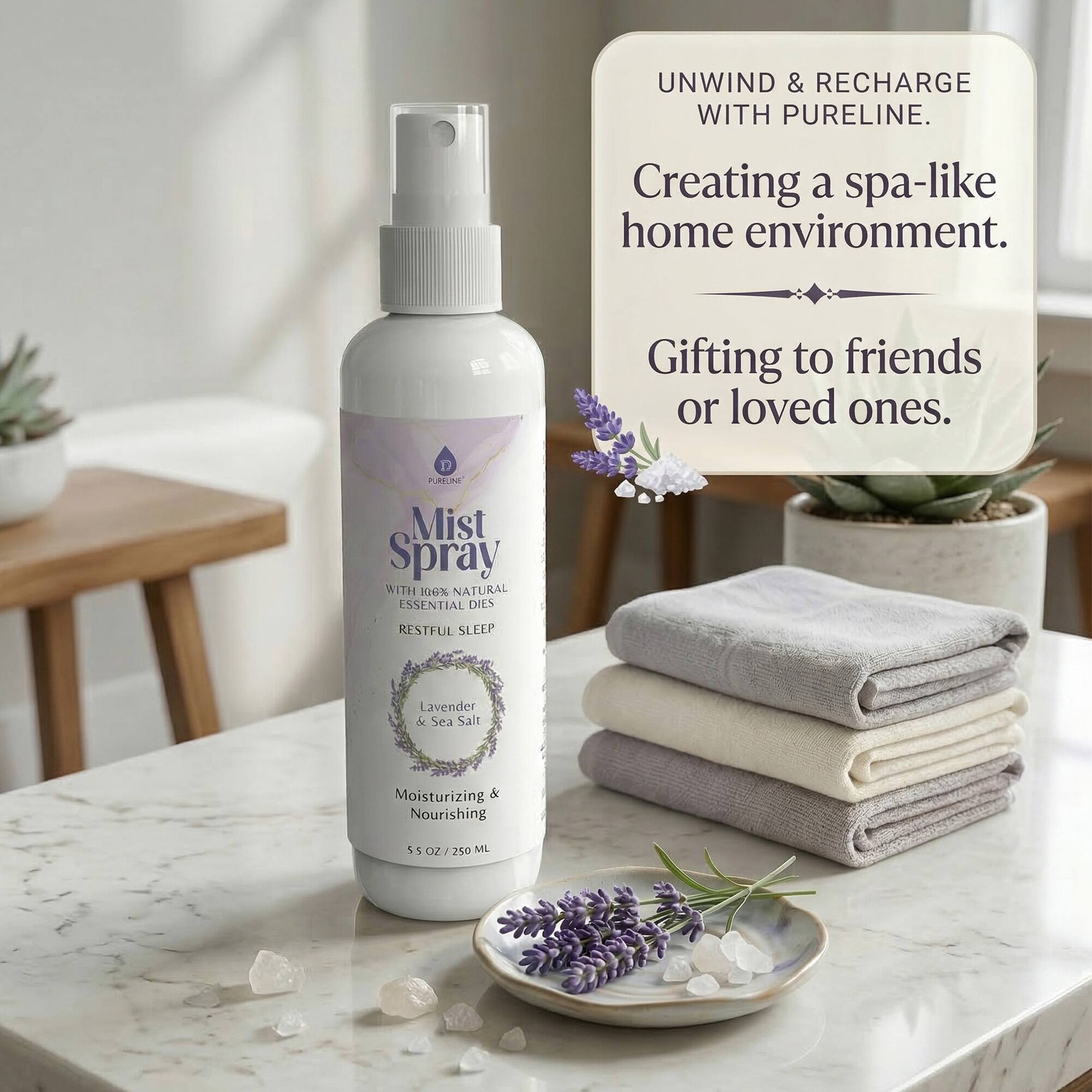 UNWIND & RECHARGE WITH PURELINE.  
Creating a spa-like home environment.  
Gifting to friends or loved ones.  

Mist Spray  
WITH 26% NATURAL ESSENTIAL OILS  
RESTFUL SLEEP  
Lavender & Sea Salt  
Moisturizing & Nourishing  
5 OZ / 250 ML
