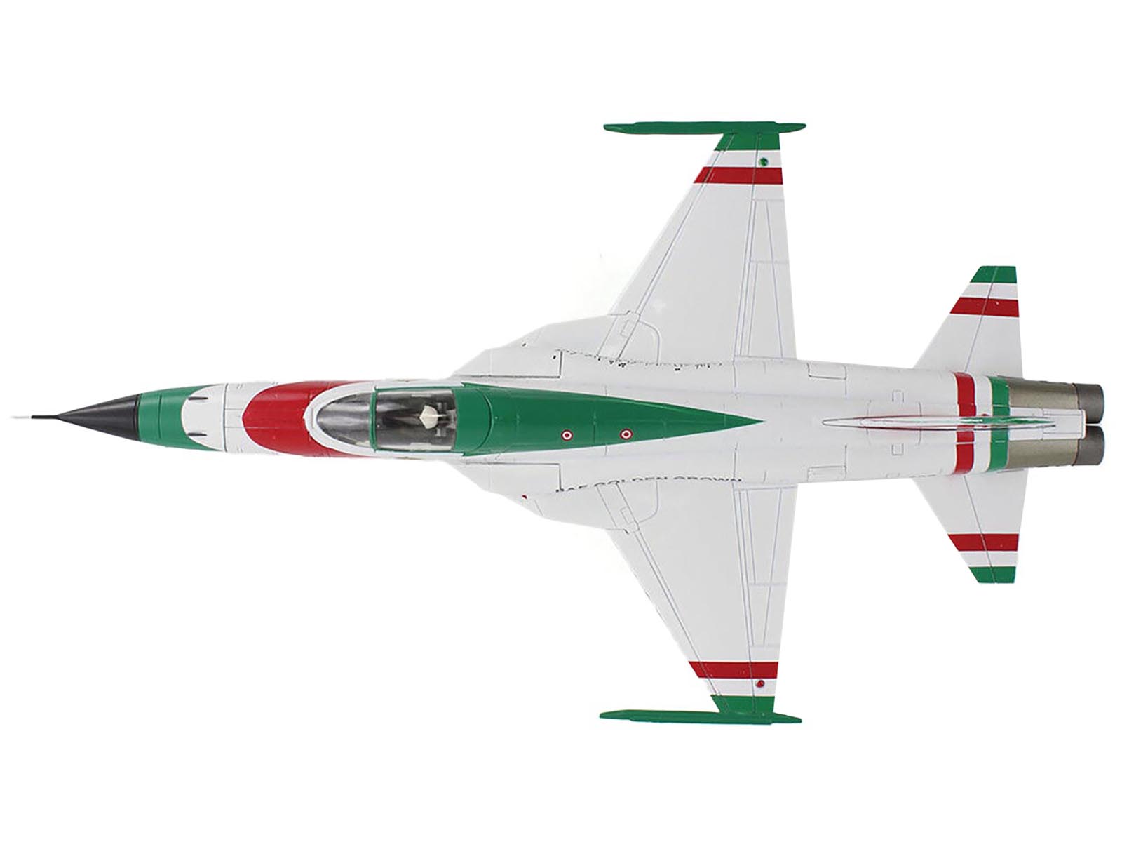 Left. Hobby Master - Northrop F-5E Tiger II "#1 3-7099 IIAF Golden Crown" Imperial Iranian Air Force 1/72 Air Power Series Diecast Model - White.