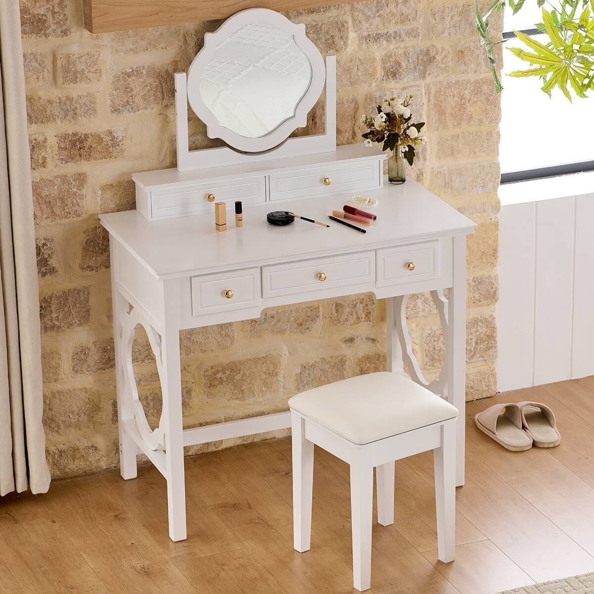 Left. Loheer - Loheer Compact Makeup Vanity Table with Stool, Reversible Mirror, White - White.