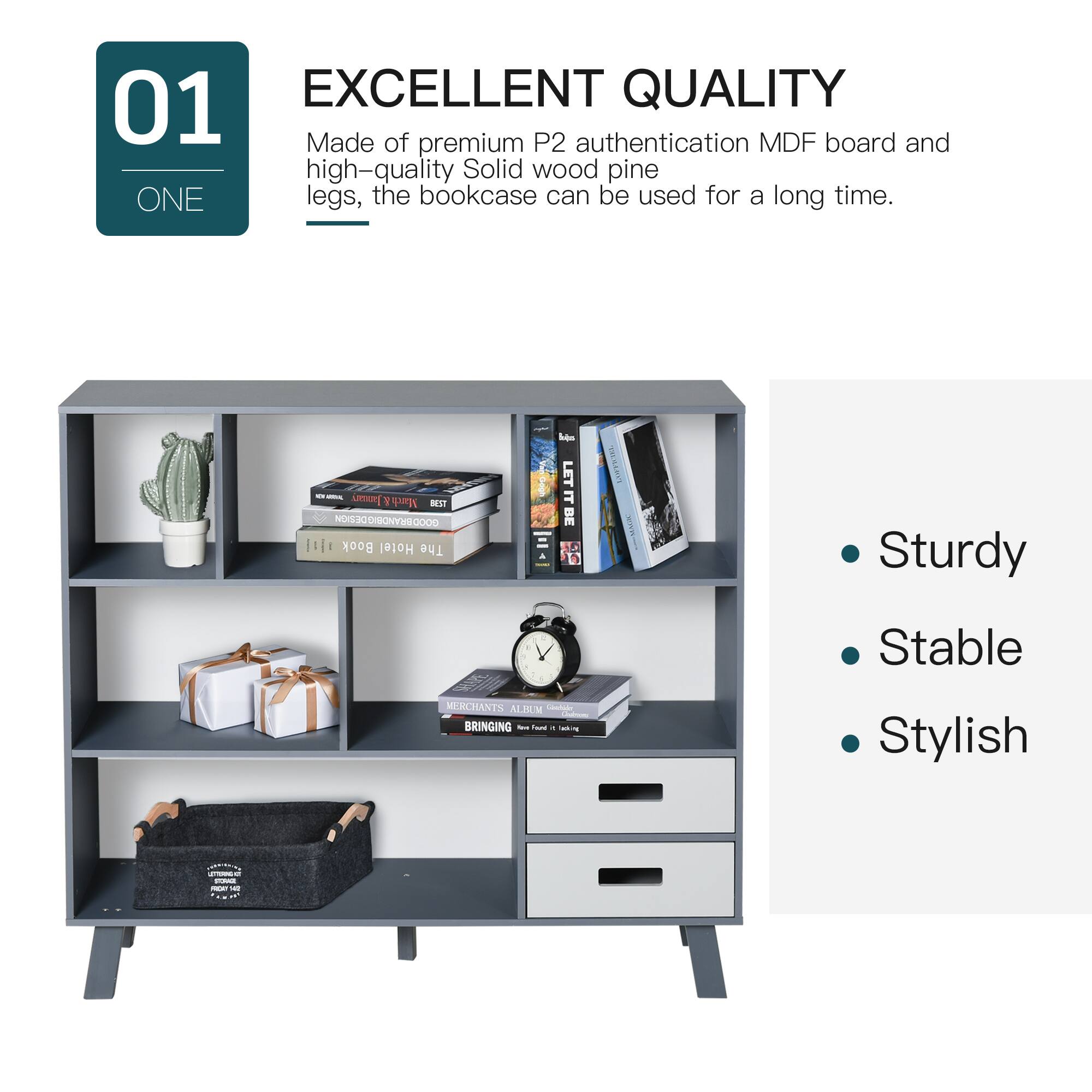 **EXCELLENT QUALITY**

Made of premium P2 authentication MDF board and high-quality Solid wood pine legs, the bookcase can be used for a long time.

- Sturdy
- Stable
- Stylish