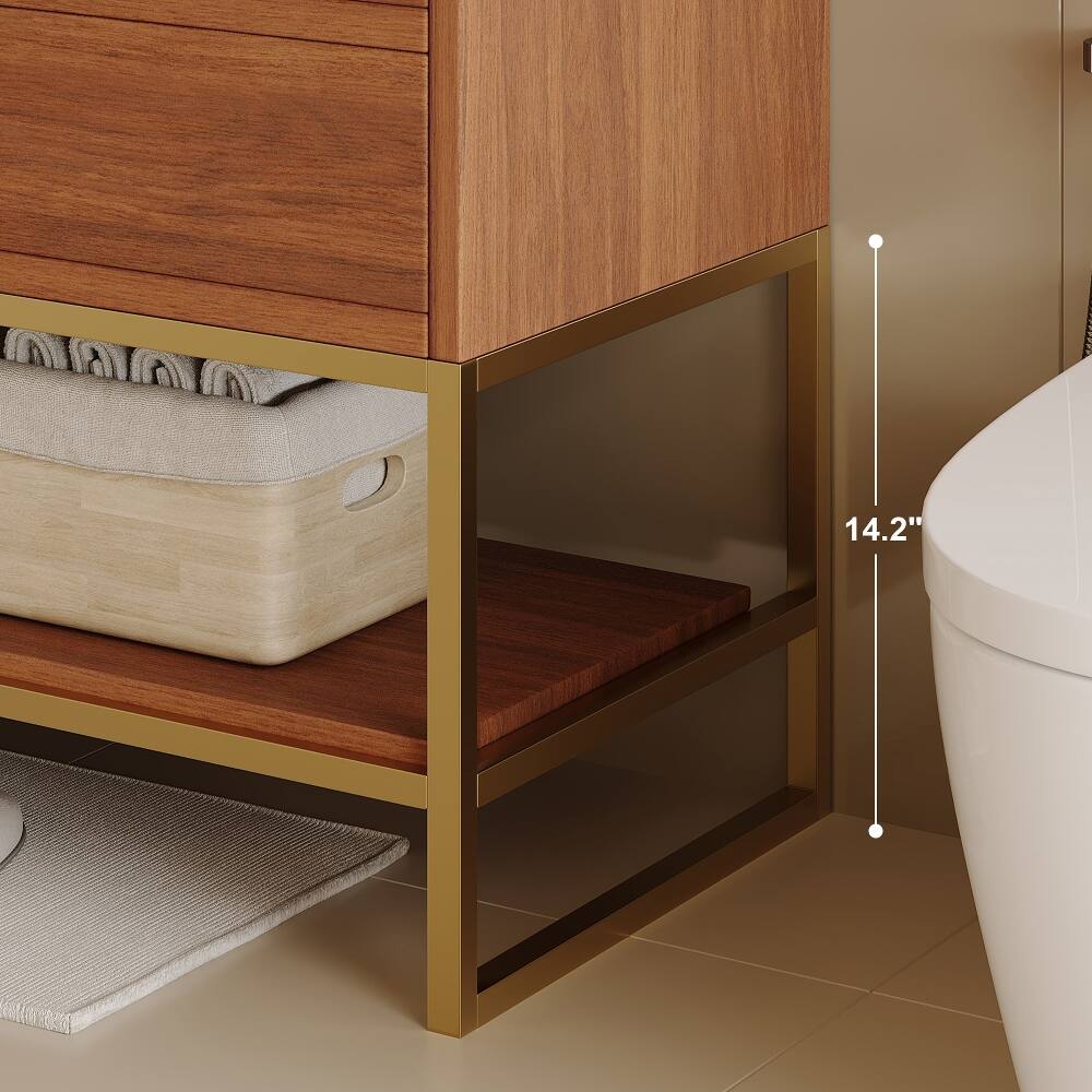 Alt View 8. Loheer - Loheer 30 inch freestanding bathroom vanity with sintered stone top, walnut and gold - Walnut, Gold, White.