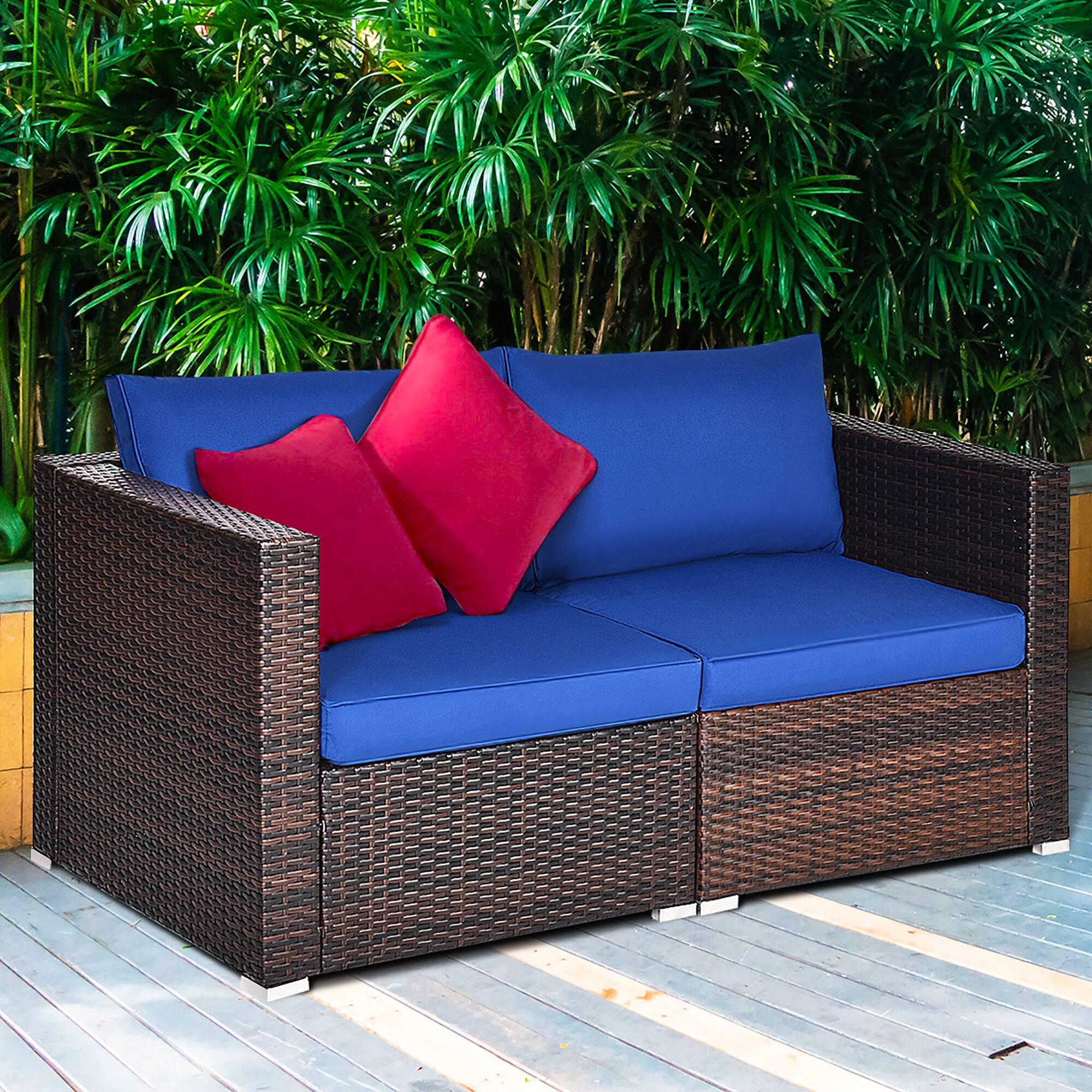 Alt View 1. Costway - Costway 2PCS Patio Rattan Corner Sofa Sectional Furniture Navy Cushion - blue & brown.