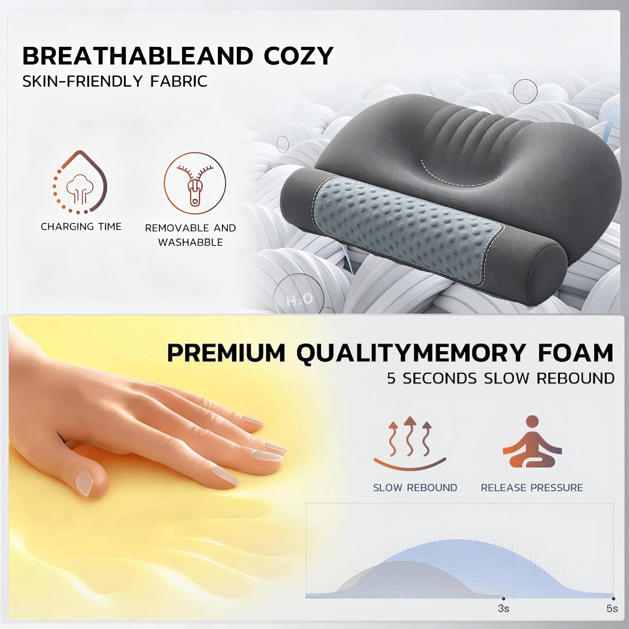 BREATHABLE AND COZY  
SKIN-FRIENDLY FABRIC

CHARGING TIME  
REMOVABLE AND WASHABLE

PREMIUM QUALITY MEMORY FOAM  
5 SECONDS SLOW REBOUND

SLOW REBOUND  
RELEASE PRESSURE

3s  
5s