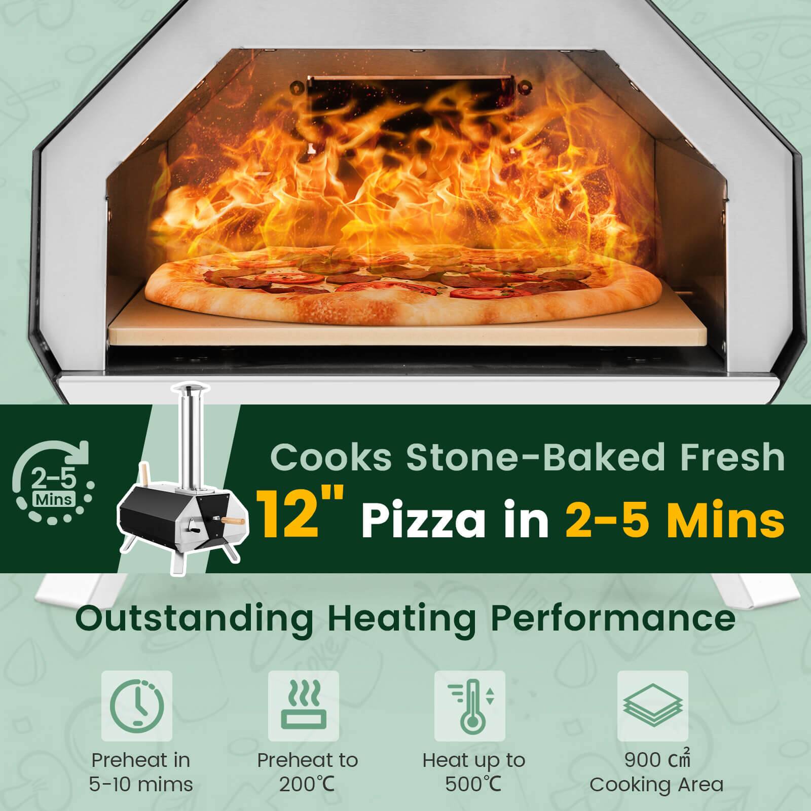 2-5 Mins, Cooks Stone-Baked Fresh 12" Pizza in 2-5 Mins, Outstanding Heating Performance, Preheat in 5-10 mims, Preheat to 200C, Heat up to 500C, 900 cm Cooking Area