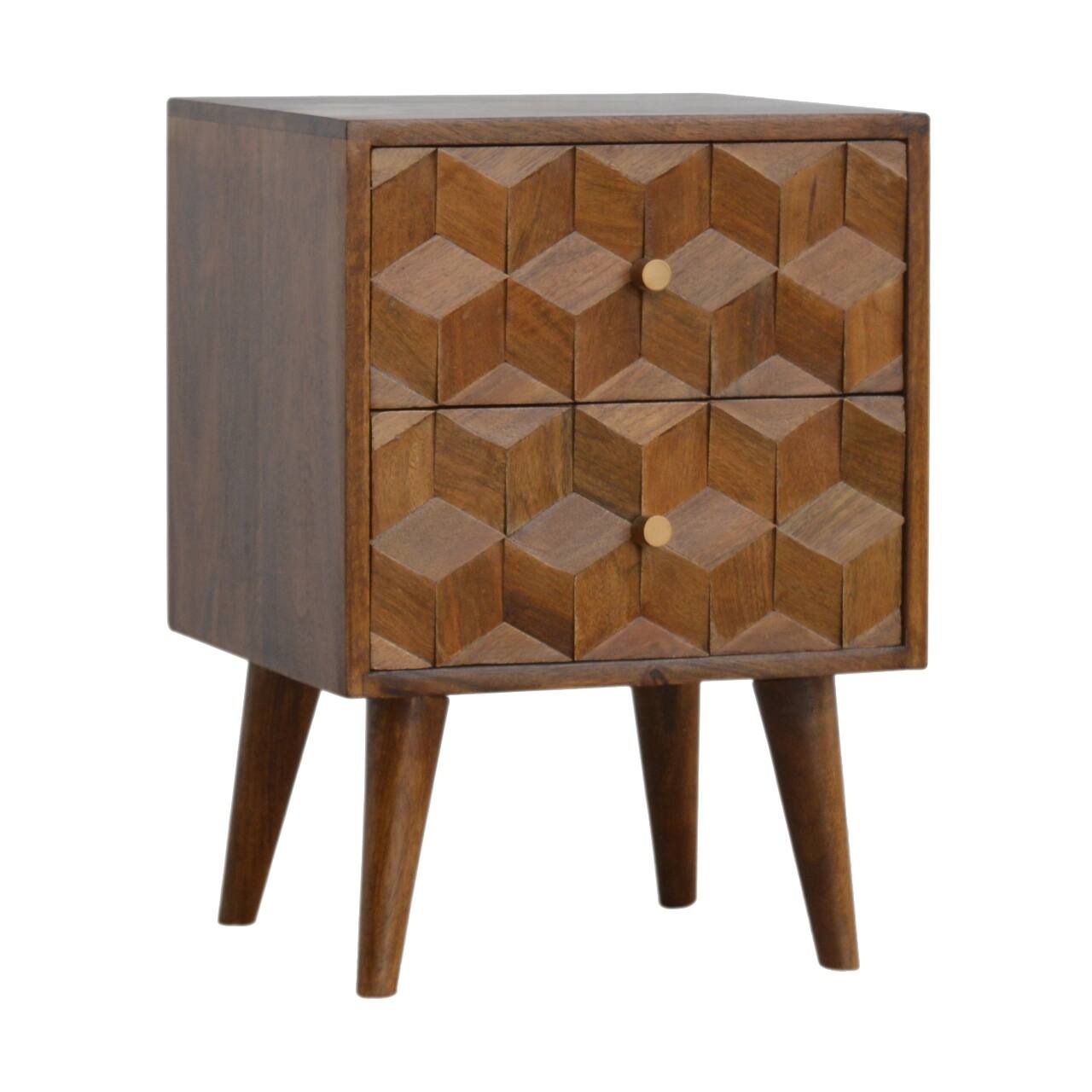 Angle. Artisan Furniture - Artisan Furniture Solid Wood Chestnut Cube Carved Nightstand, 2 Drawers, Nordic Legs, Dark Brown - Chestnut.