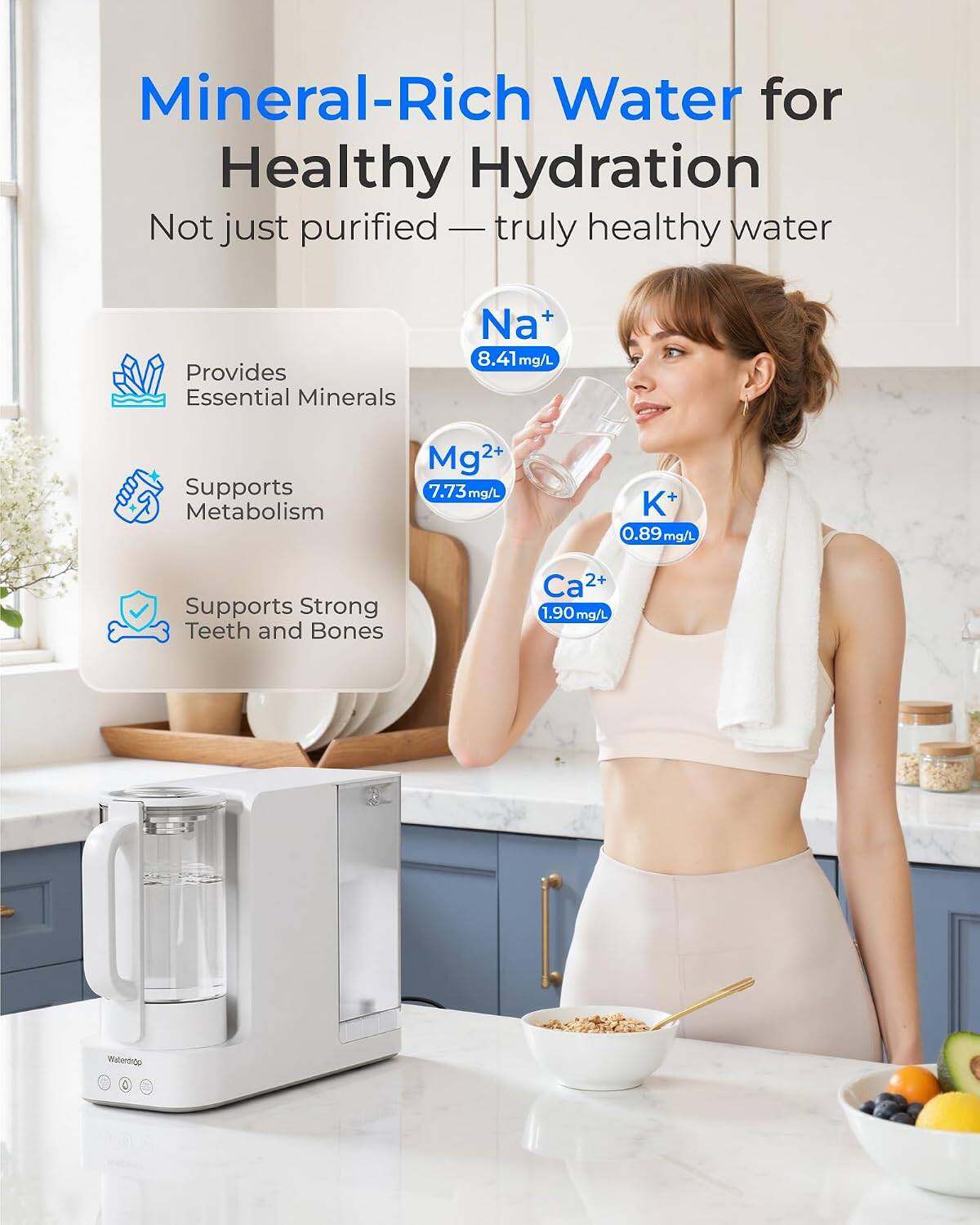 Mineral-Rich Water for Healthy Hydration  
Not just purified — truly healthy water  

Provides Essential Minerals  
Na+ 8.41mg/L  
Supports Metabolism  
Mg2+ 7.73mg/L  
Supports Strong Teeth and Bones  
Ca2+ 1.90 mg/L  
K+ 0.89mg/L