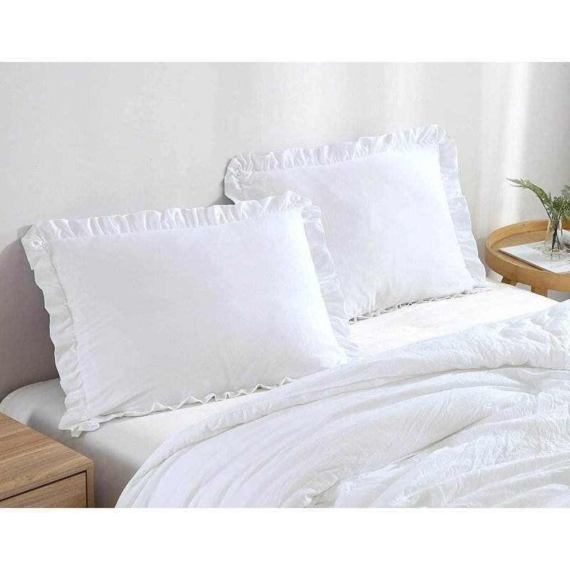 Angle. Hivvago - Queen Size White Ruffled Edge Microfiber Comforter Set - White.