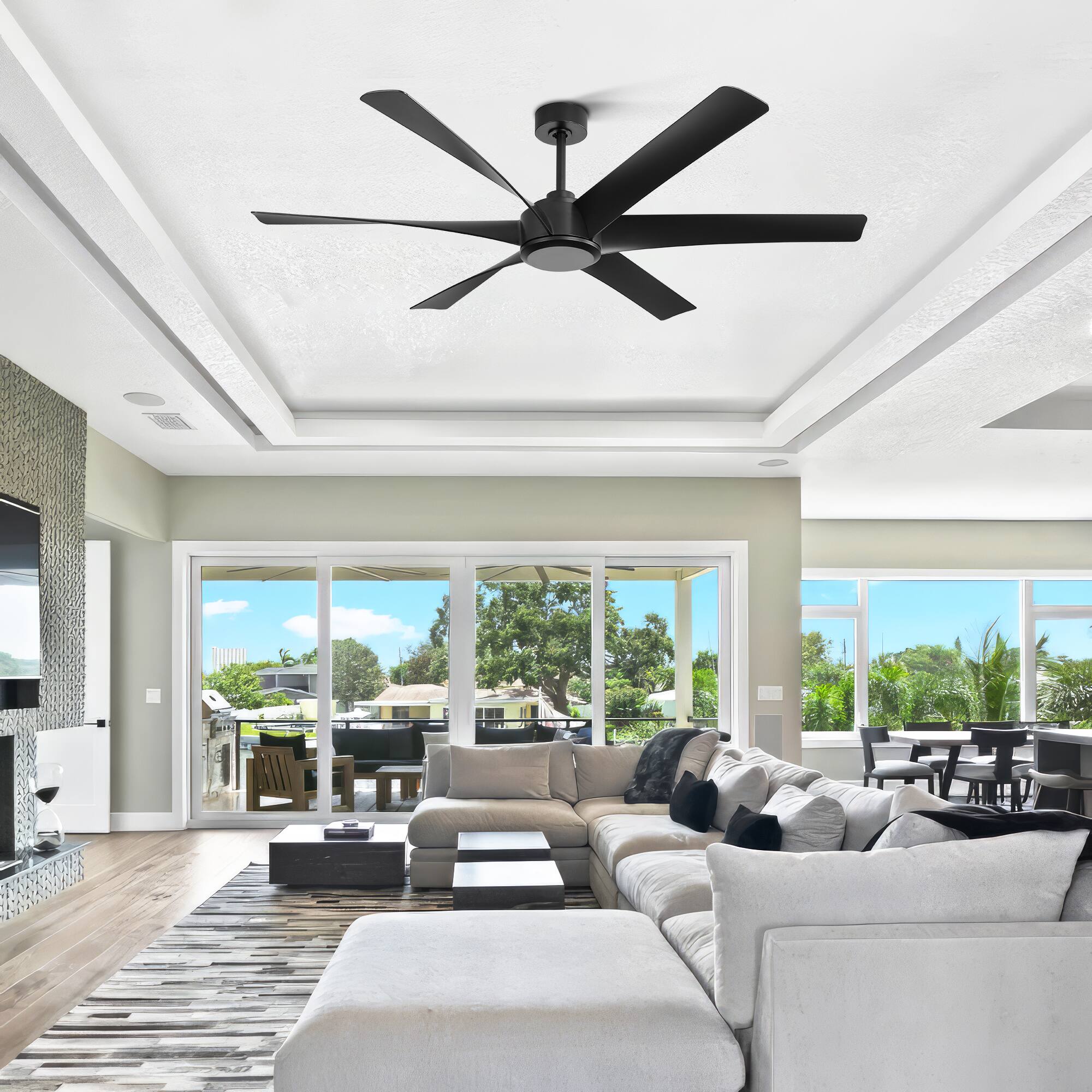 Alt View 4. Breezary - 65" Large Indoor Ceiling Fan with Remote Control, 6 ABS Blades, 6-Speed DC Motor, 7"/12" Downrods, Light/No Light Option - Matte Black (Without Light).