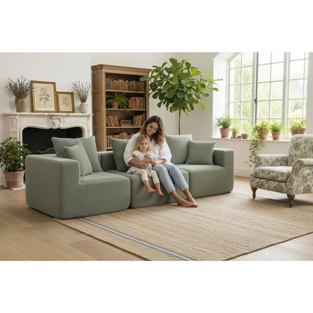 Alt View 6. Kadyn - Modular 3-Seat Sectional Sofa, All-Foam Deep Seat Chenille, Low Profile - Green.