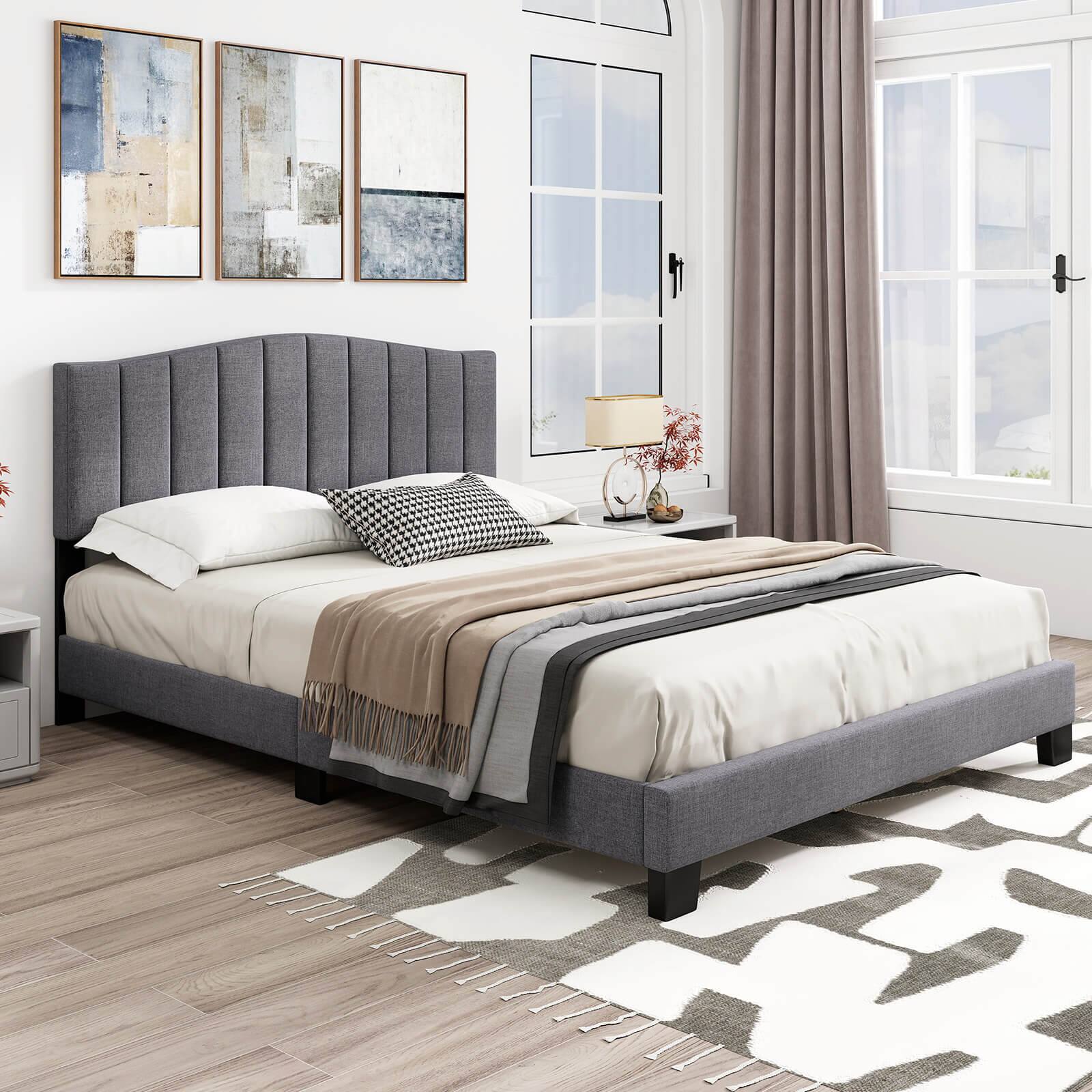 Alt View 3. Costway - Costway Modern Upholstered Bed Frame Queen Size Platform Bed with Wooden Slat Support - Gray.