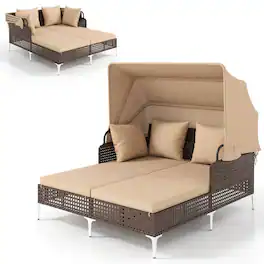 Costway - Outdoor Rattan Double Daybed with Retractable Canopy & Seat Back Cushions - Brown
