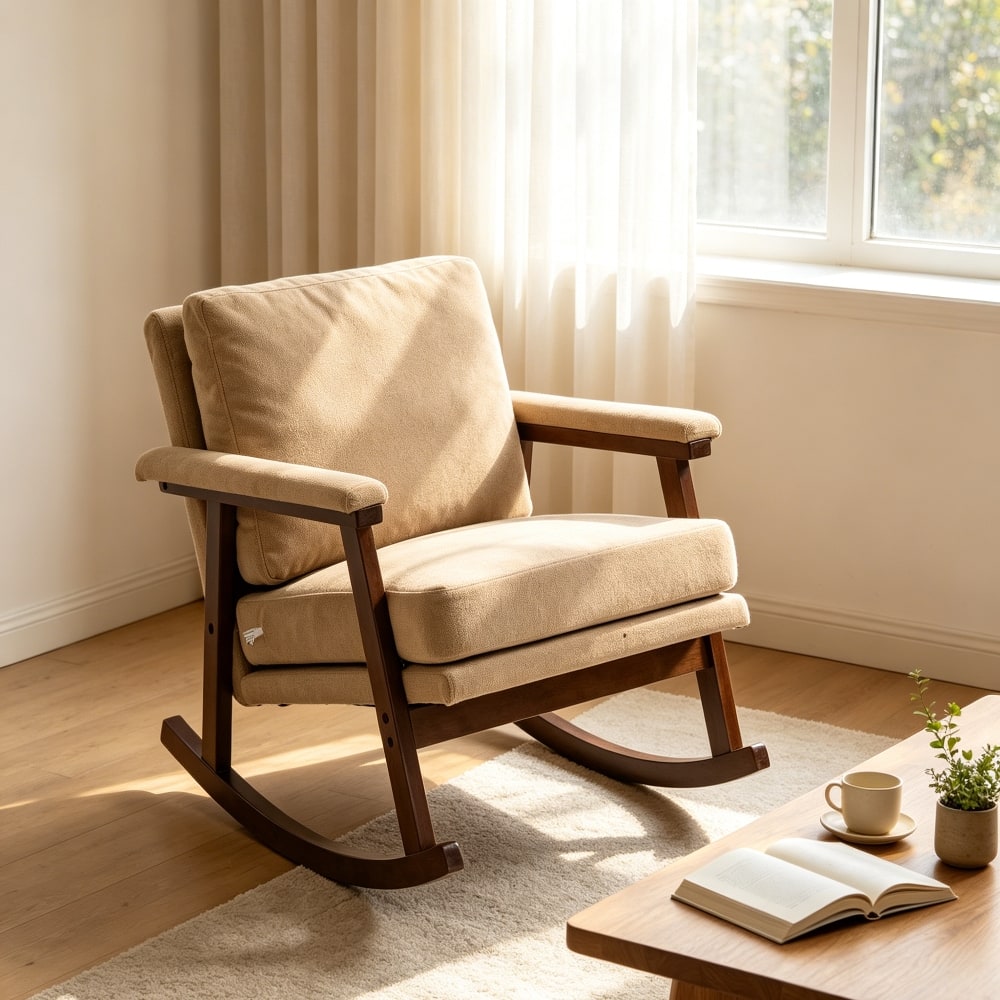 Loheer - Mid Century Modern Accent Chair Upholstered Rocking Chair Solid Wood Frame Reading Armchair for Bedroom Sunroom - Khaki