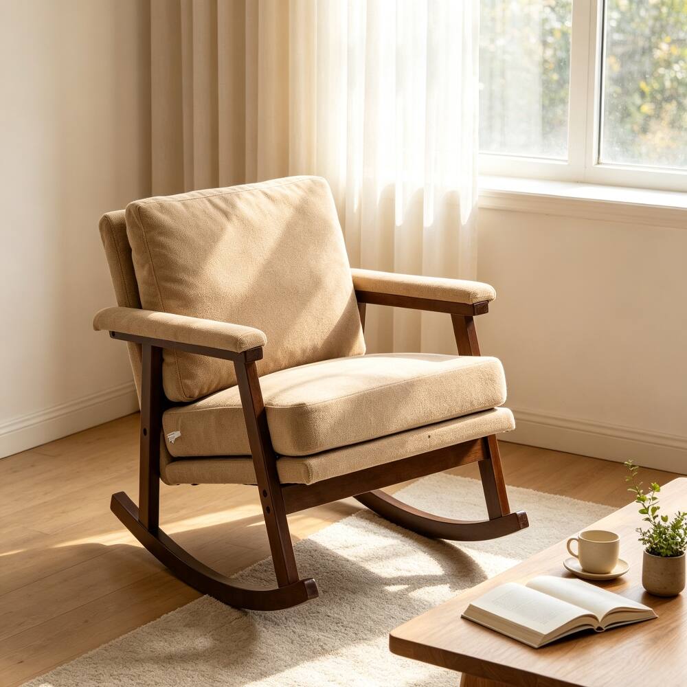 Front. Loheer - Loheer Mid Century Modern Accent Chair Upholstered Rocking Chair Solid Wood Frame Reading Armchair for Bedroom Sunroom - Khaki.