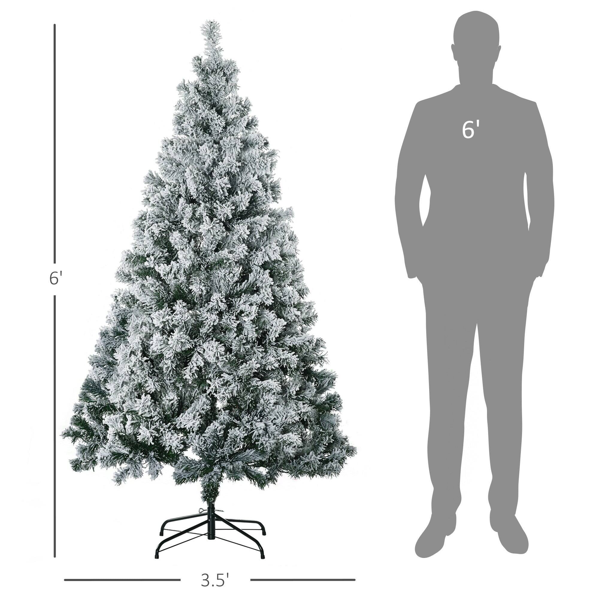 Left. BreeBe - 6ft Tall Prelit Artificial Christmas Tree Holiday DÃ©cor with 607 Snow Flocked Branches - Green.
