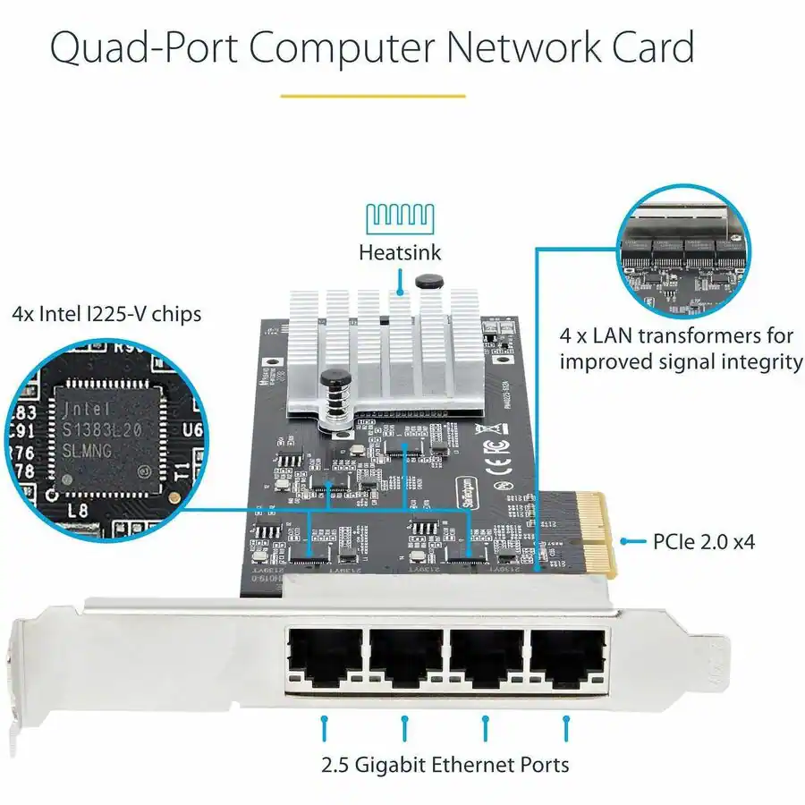 Computer Network Adaptor Startech 4 Port 2.5GBase T Ethernet Network Adapter Card PCIe 2.0 x4 ...