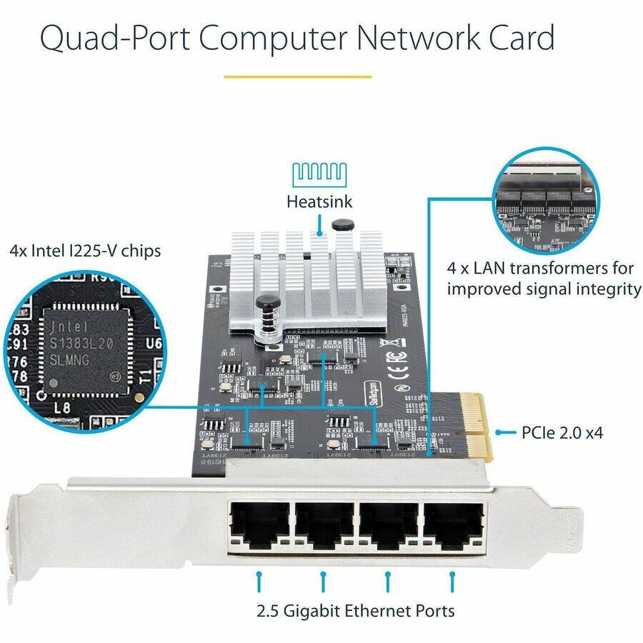 Quad-Port Computer Network Card

Heatsink

4x Intel 1225-V chips RS 83 Intel C91 S1383L20 U6 76 SLMNG 78 T1 L8

4x LAN transformers for improved signal integrity CEFC 88 A PCle 2.0 x4

2.5 Gigabit Ethernet Ports