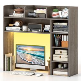Gymax - 5-Tier Desktop Shelf with RGB Light Strip 35.5'' Desktop Bookshelf with 3 Shelves Oak - Brown