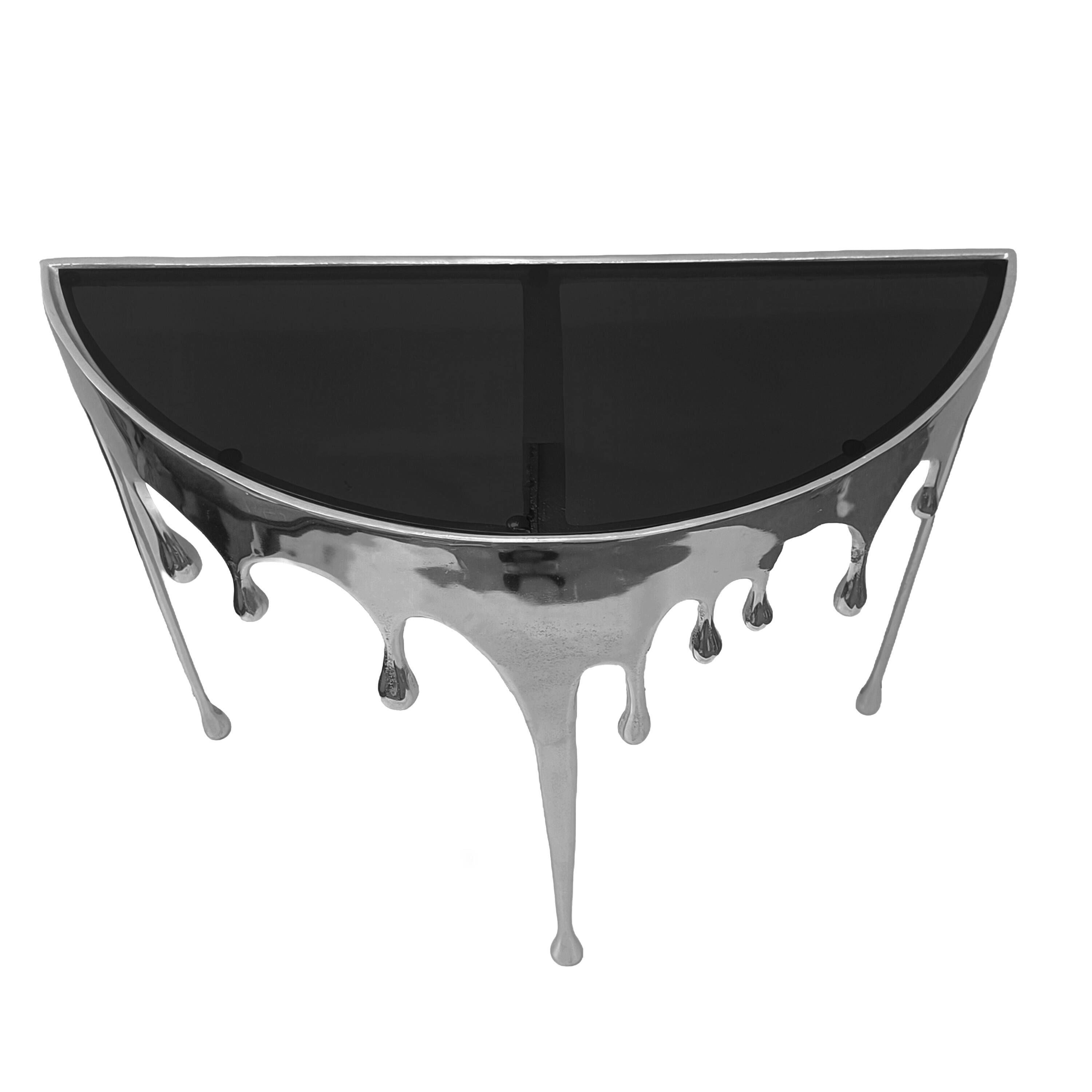 Alt View 3. Manhattan Lane - Capri Sofa Console Table | 36.25" Half Moon Glass Top | Melting Drip Design - Silver, Black.