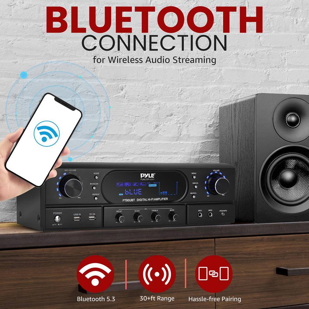 BLUETOOTH CONNECTION  
for Wireless Audio Streaming  

PYLE  
PT900BT DIGITAL Hi-Fi AMPLIFIER  

Bluetooth 5.3  
30+ft Range  
Hassle-free Pairing