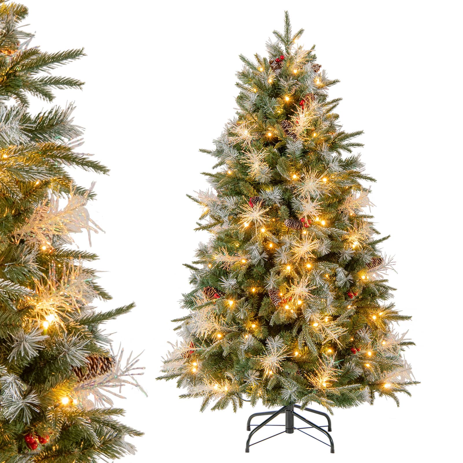 Costway - 5 FT Artificial Christmas Tree with 602 Branch Tips, 190 Warm White LED Lights - Green