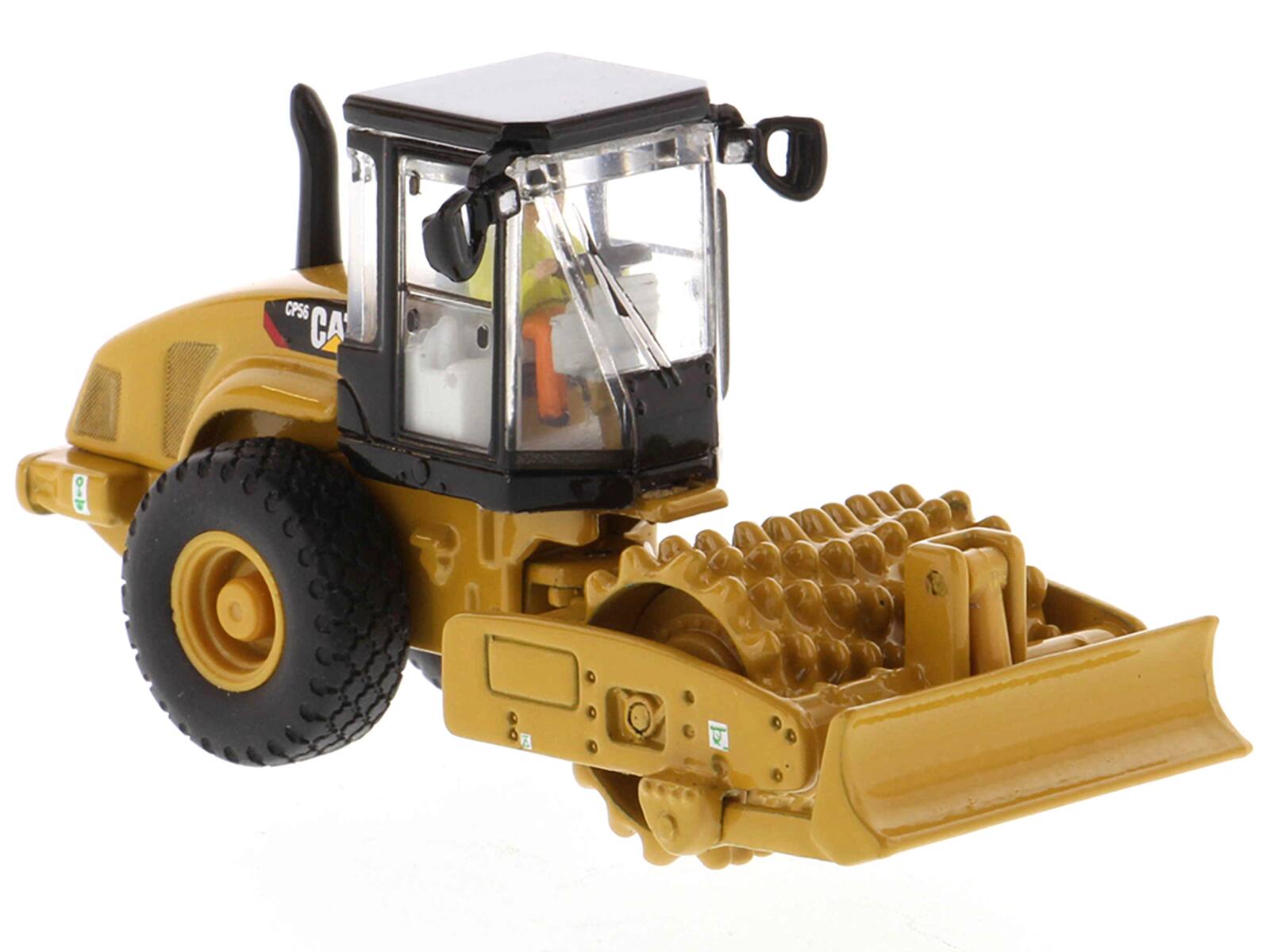 Angle. Diecast Masters - CAT Caterpillar CS56 Padfoot Drum Vibratory Soil Compactor with Operator "High Line" Series 1/87 (HO) Scale Diecast - Yellow .