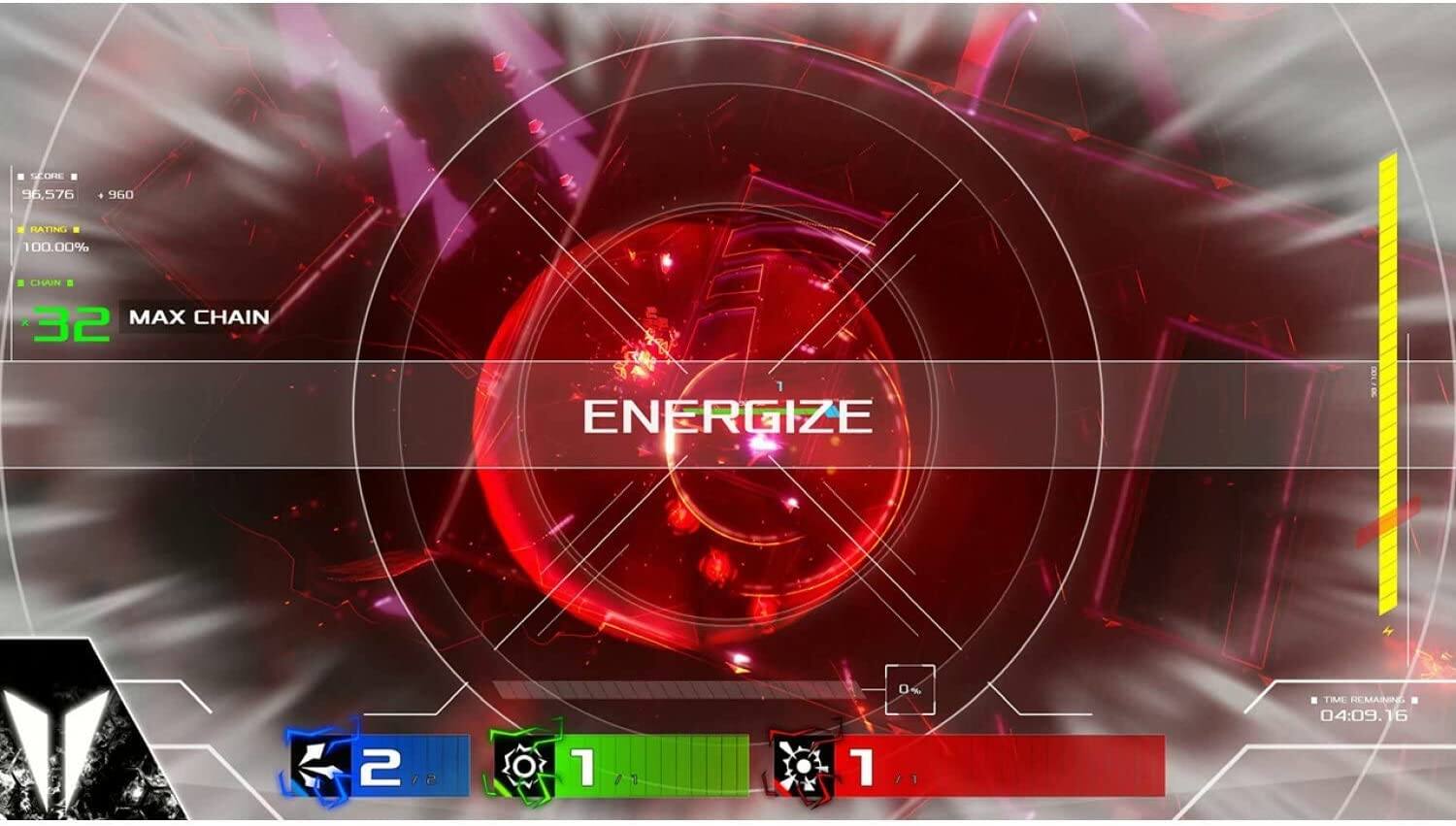 SCORE 96,576 + 960  
HATINES 100.00%  
CHAIN 32 MAX CHAIN  
ENERGIZE  
TIME REMAINING 04:09.16