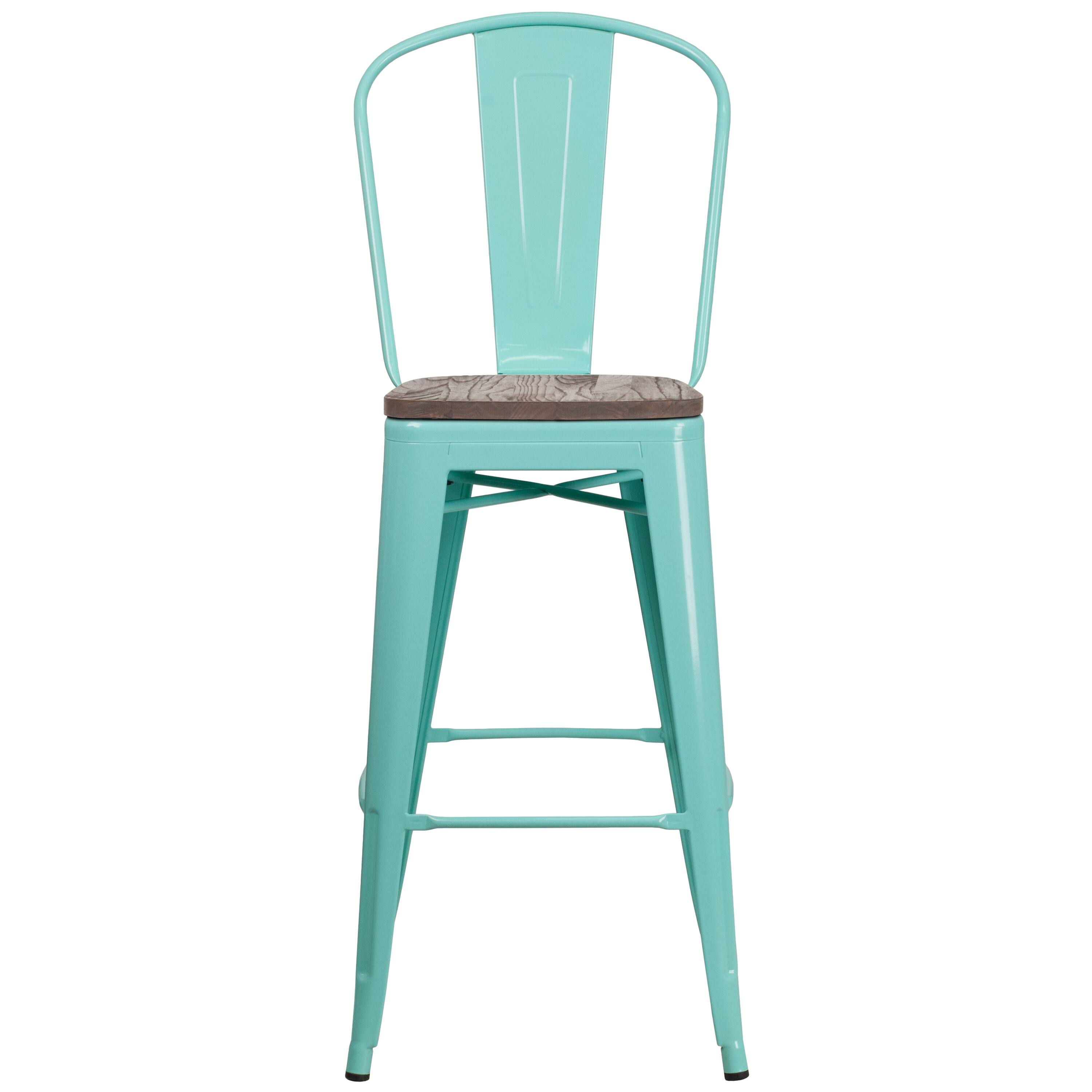 Alt View 5. Emma + Oliver - 30"H Metal Dining Barstool with Back and Wood Seat - Mint Green.