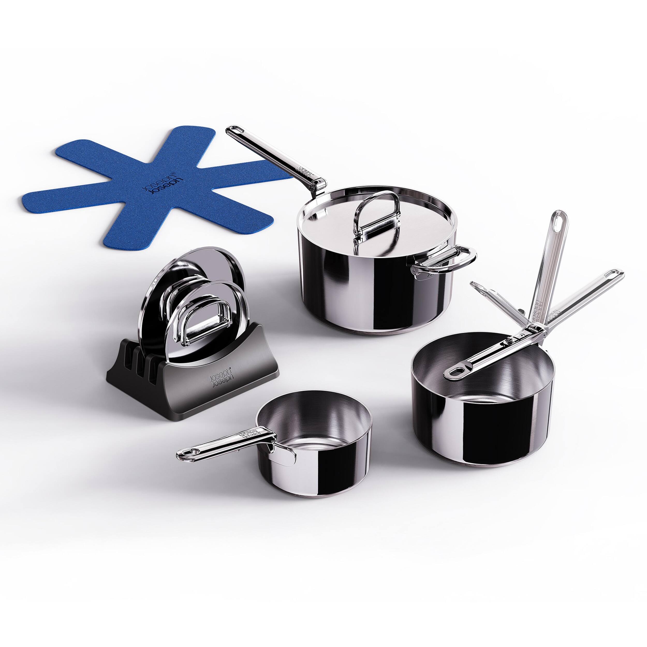 Front. Joseph Joseph - Space Steel 6-piece Stainless Steel Saucepan Set with Folding Handles - Stainless Steel.