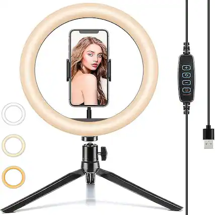 Front. Schertz - 10" Ring Light with Tripod Desk Stand & Phone Holder, LED Halo Light with 3 Color Modes & 11 Brightness Levels for Makeu.