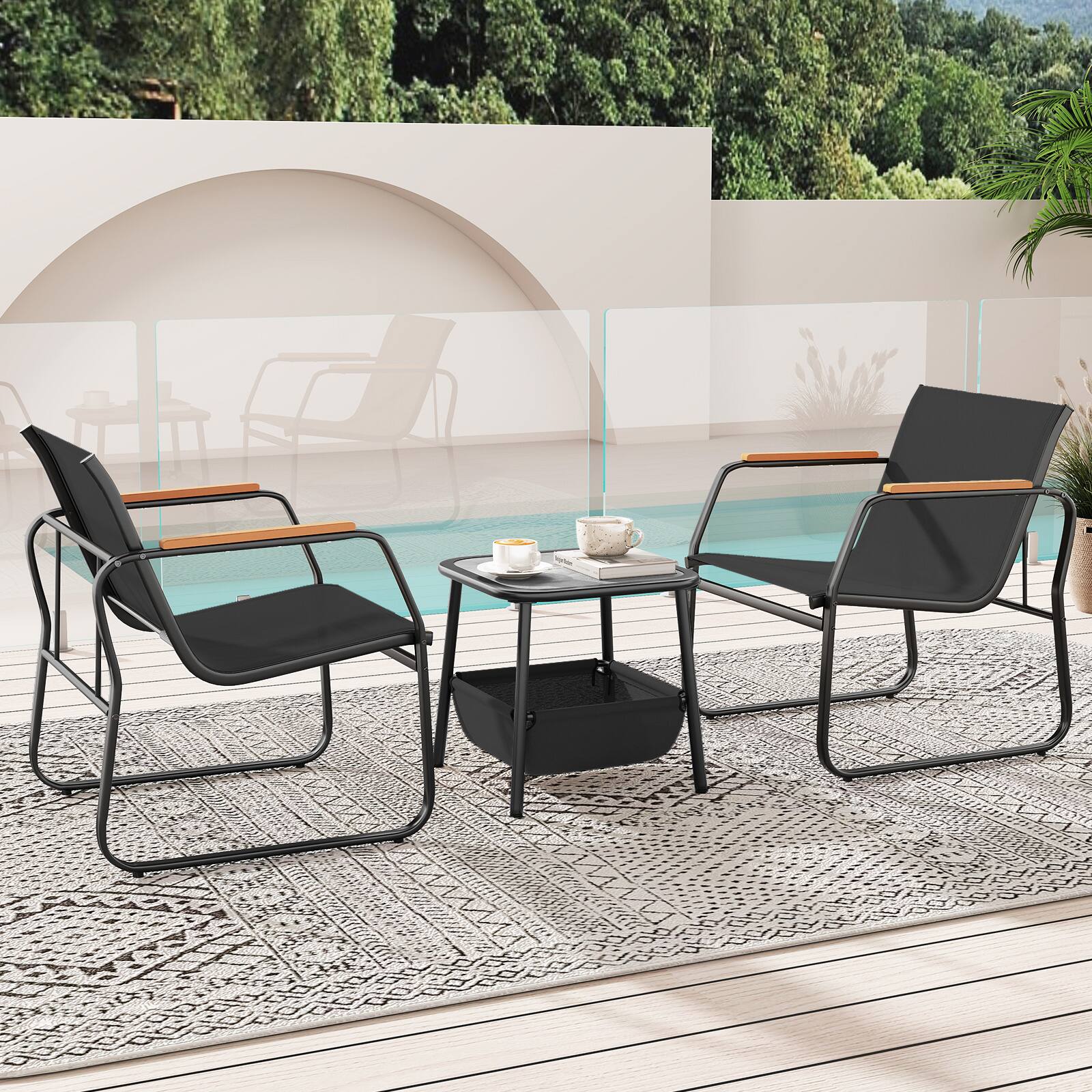 Alt View 3. Gymax - Gymax 3 PCS Patio Furniture Set w/ Breathable Mesh Fabric & Metal Frame Garden - Black.