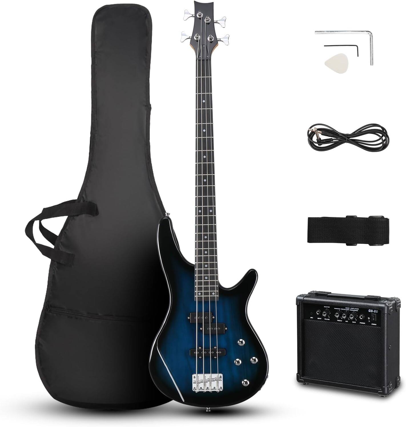 Front. Winado - Electric Bass Guitar 4 String Bass Guitar with 20 Watt Amplifier, PJ Type Pickup, Naturally air-dried Maple Neck, Rosew.