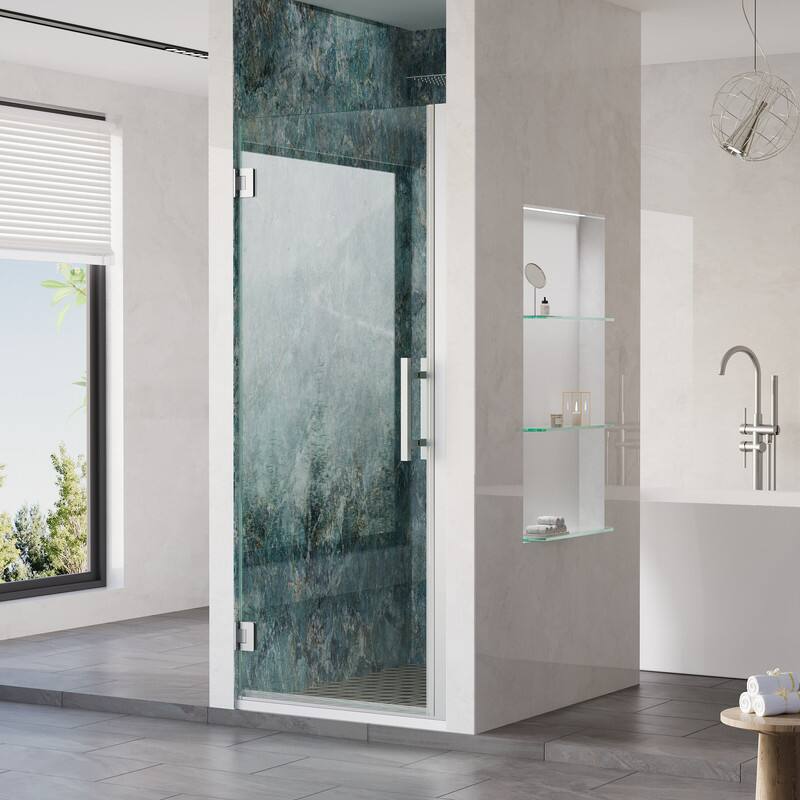 Angle. WELLFOR - 29–30 in. W x 72 in. H Frameless Hinged Shower Door with 3/8" Clear Tempered Glass, Reversible Opening - Chrome.