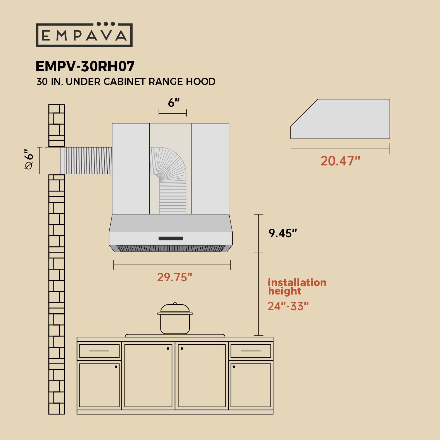 EMPAVA EMPV-30RH07 30 IN. UNDER CABINET RANGE HOOD 6" 6" 20.47" 9.45" 29.75" installation height 24"-33"