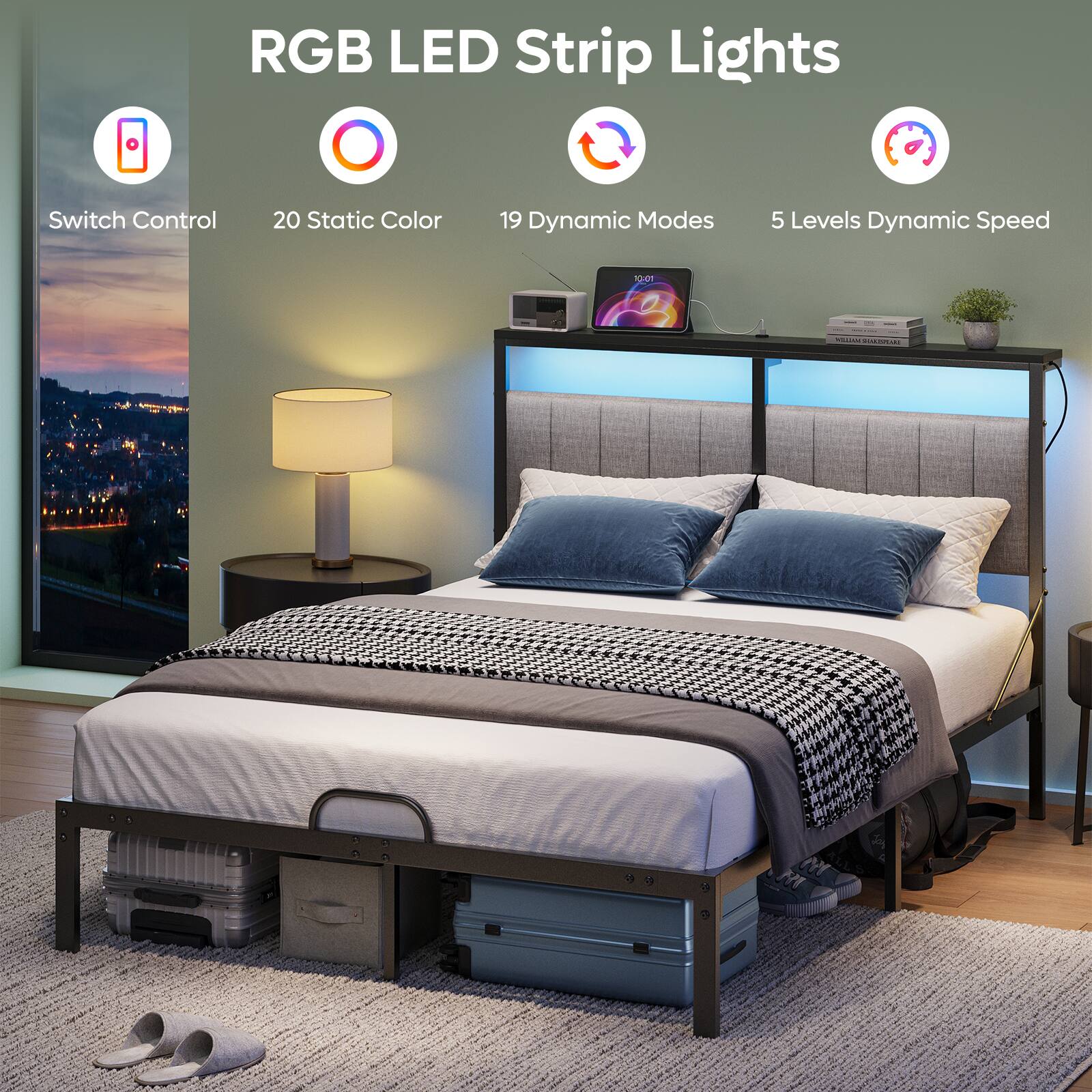 RGB LED Strip Lights

- Switch Control
- 20 Static Color
- 19 Dynamic Modes
- 5 Levels Dynamic Speed