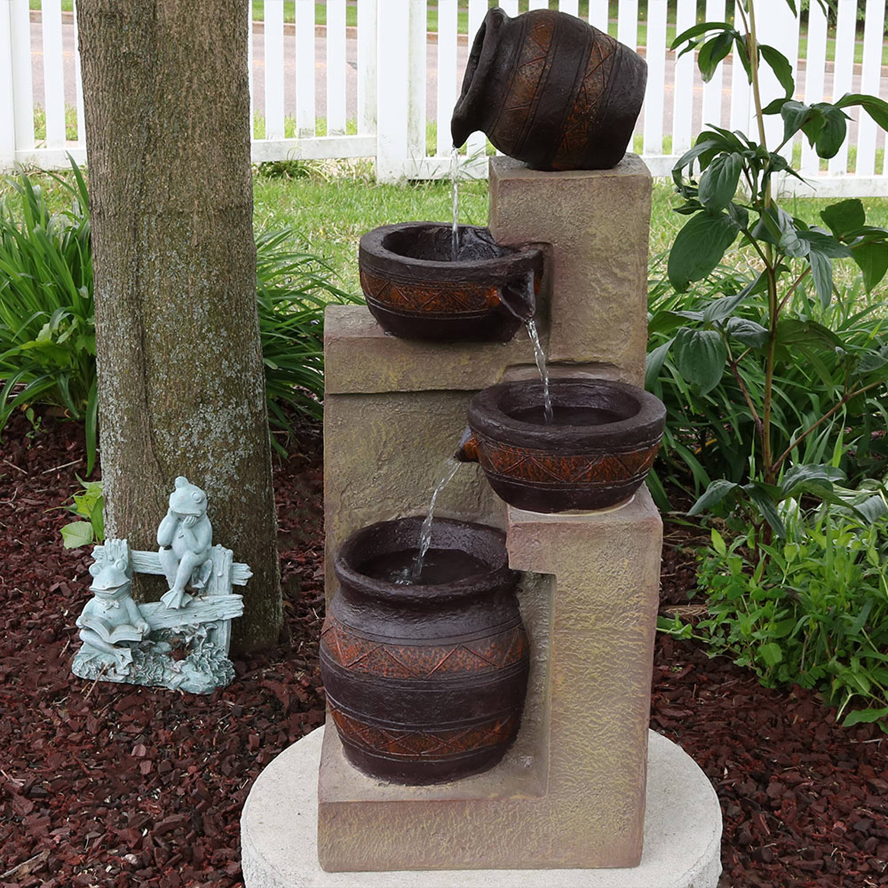 Alt View 2. Sunnydaze - Cascading Terra Bowl Solar Water Fountain with LED Lights - 30 in - Brown.