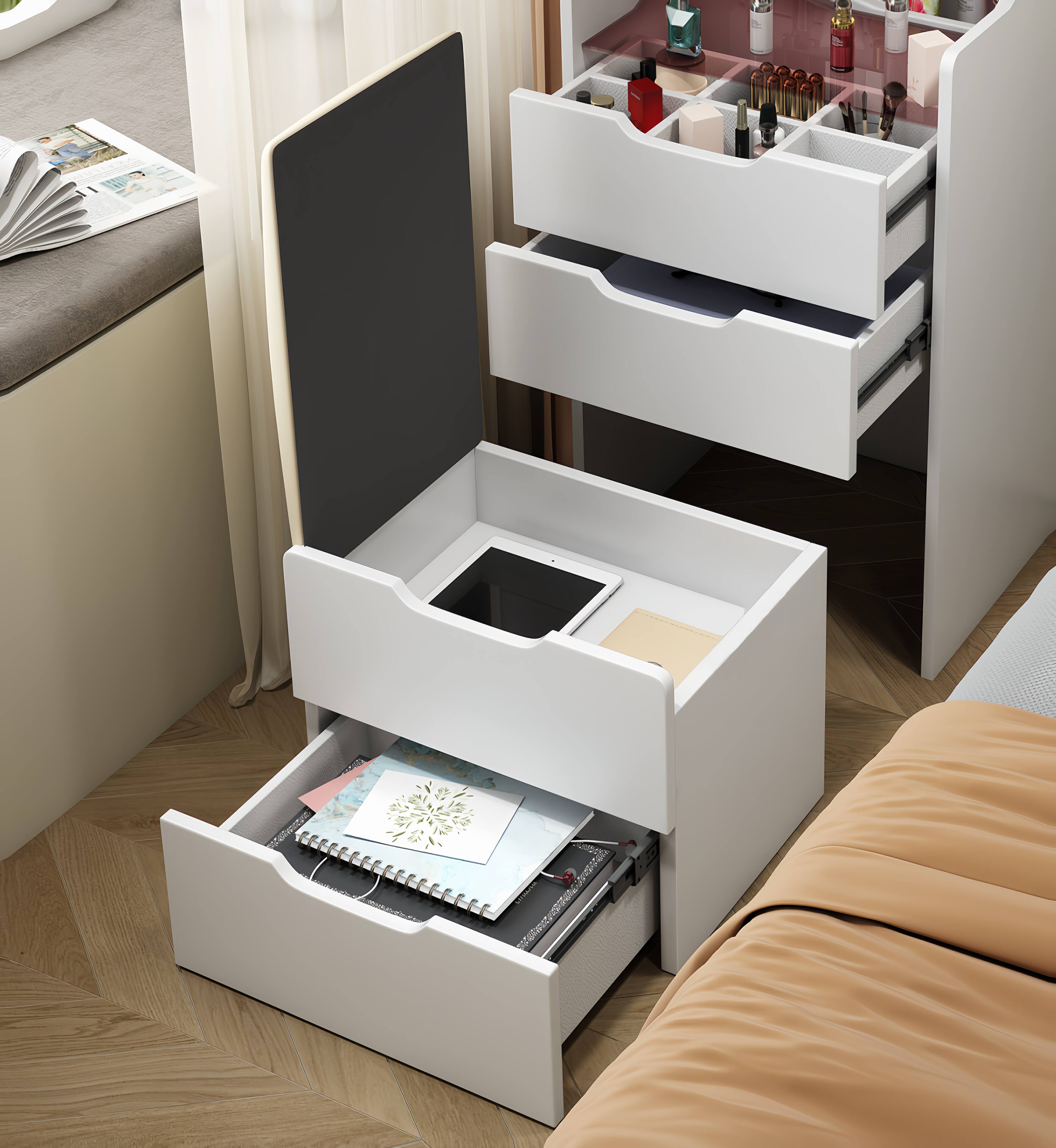 Alt View 2. LUCKY ONE - 48cm 3-in-1 Vanity Desk with Flip Top Mirror, Glass Desktop, 3 Drawers and Stool - White.