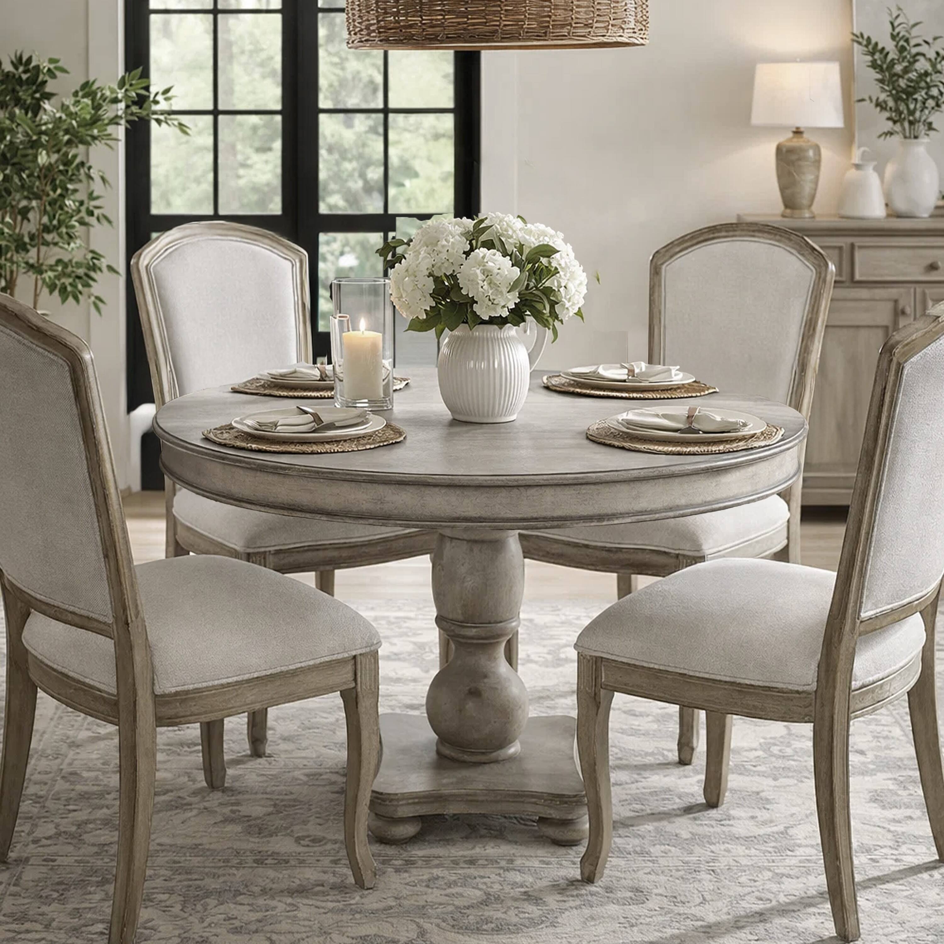 Alt View 10. Manhattan Lane - 42 Inch Handcrafted Mango Wood Dining Table, Pedestal Base, Round Molded Top - Washed White and Gray.