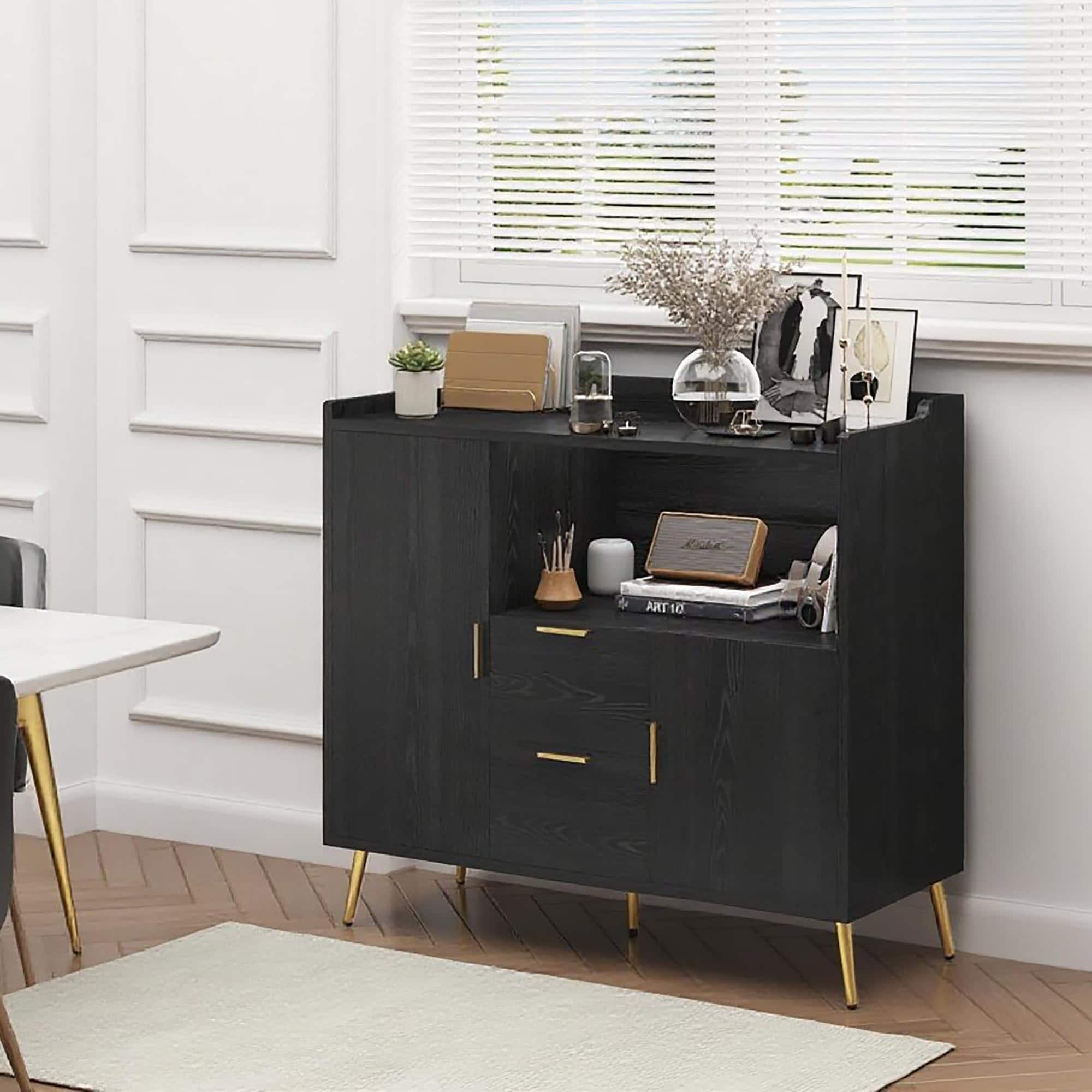 Acekool - 40" Buffet Sideboard with Storage, Kitchen Storage Cabinet, Microwave Cabinet, Coffee Bar Cabinet with 2 Drawers - Black