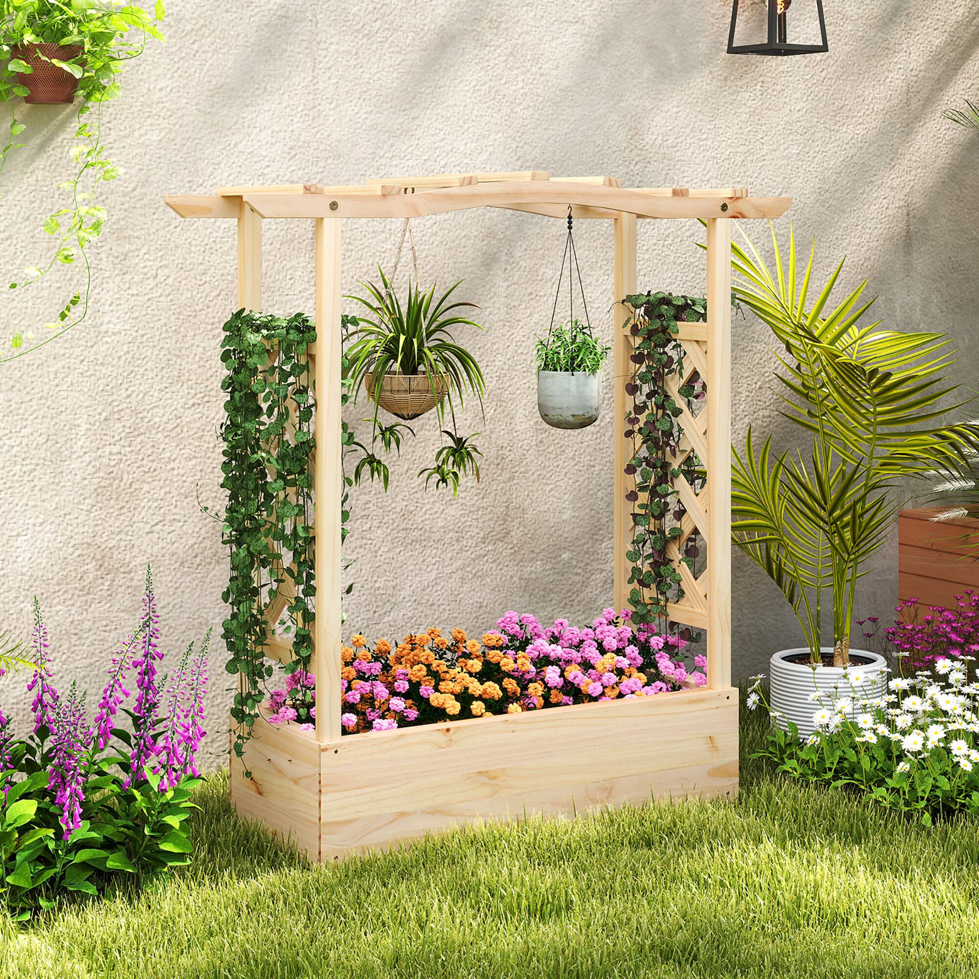 Alt View 3. Gymax - Gymax Wooden Raised Garden Bed w/ Trellis & Hanging Roof Planter Box Drainage System - Natural.