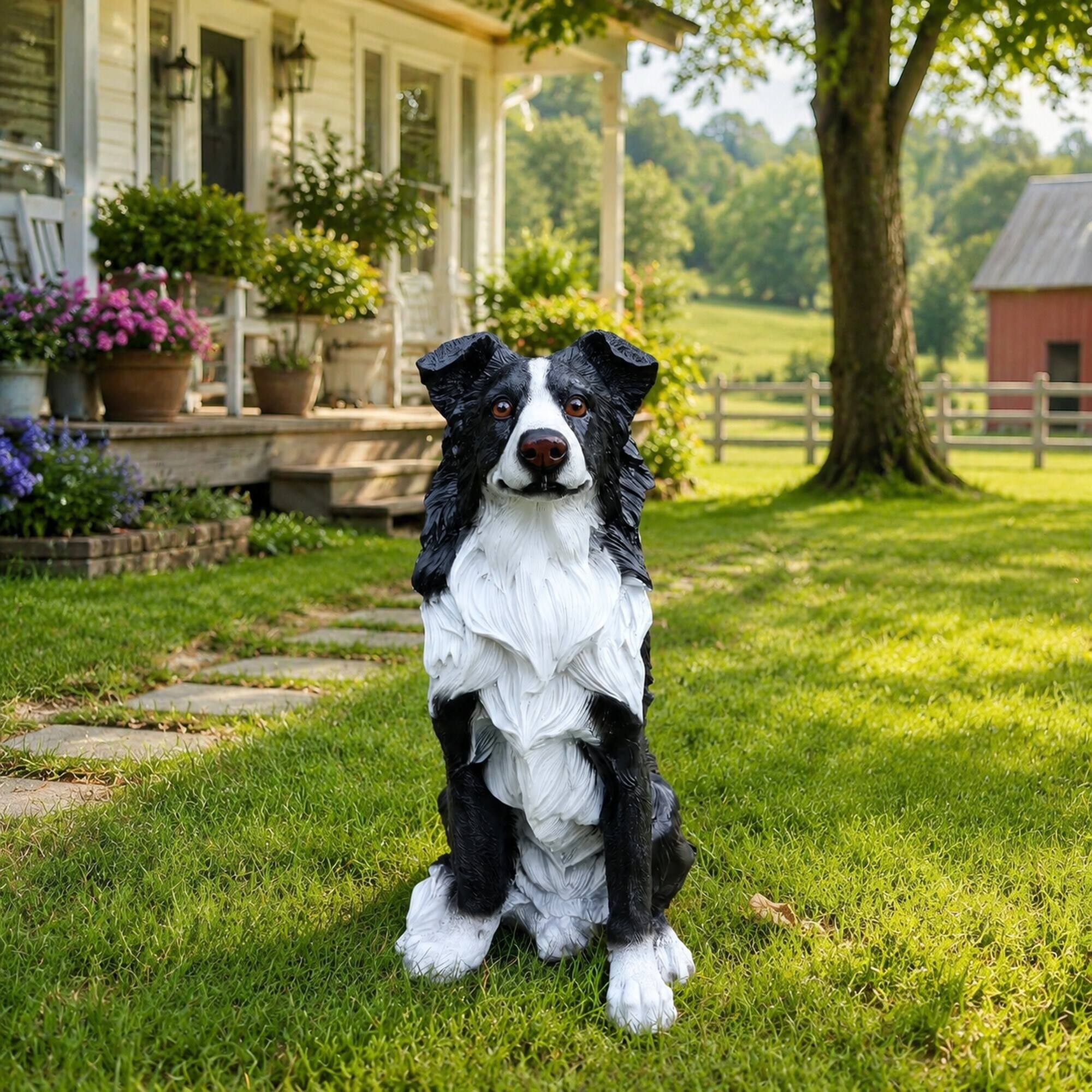 Angle. RYHNUYNE - Lifelike Border Collie Dog Statue for Garden and Patio Decor, Hand-Painted Resin Puppy Sculpture Welcome Accent - Black.