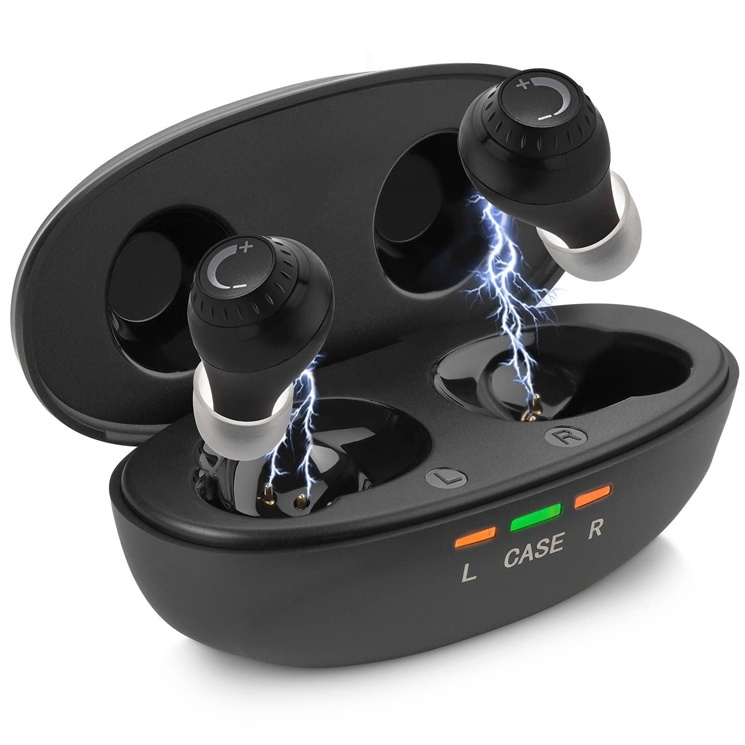 Front. MEDca - Mini Digital Hearing Amplifiers - ITE Rechargeable Personal Sound Amplifier - Lightweight Hearing Aids Device, Black - Black.