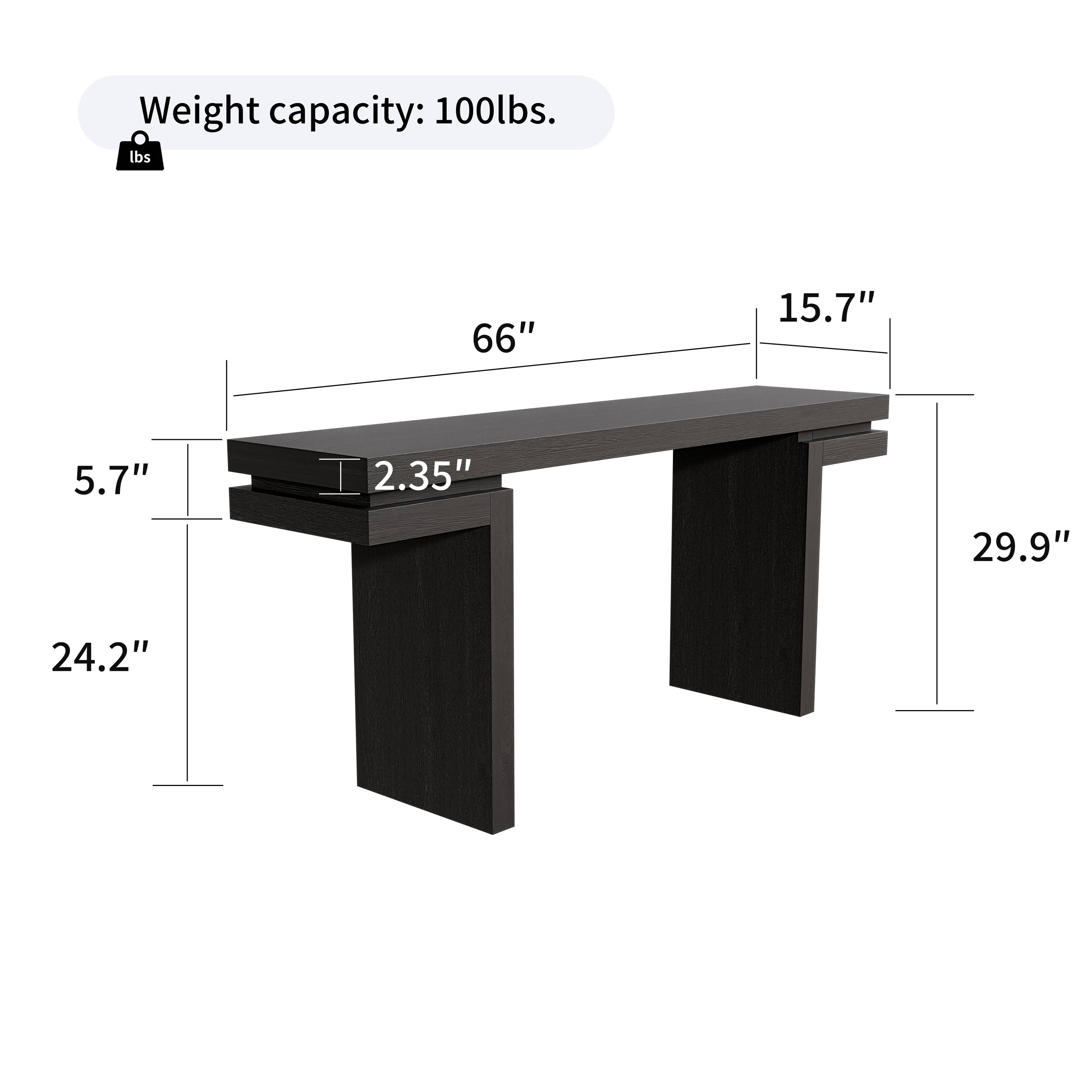 Weight capacity: 100lbs.  
66" x 15.7" x 5.7" x 2.35" x 29.9" x 24.2"