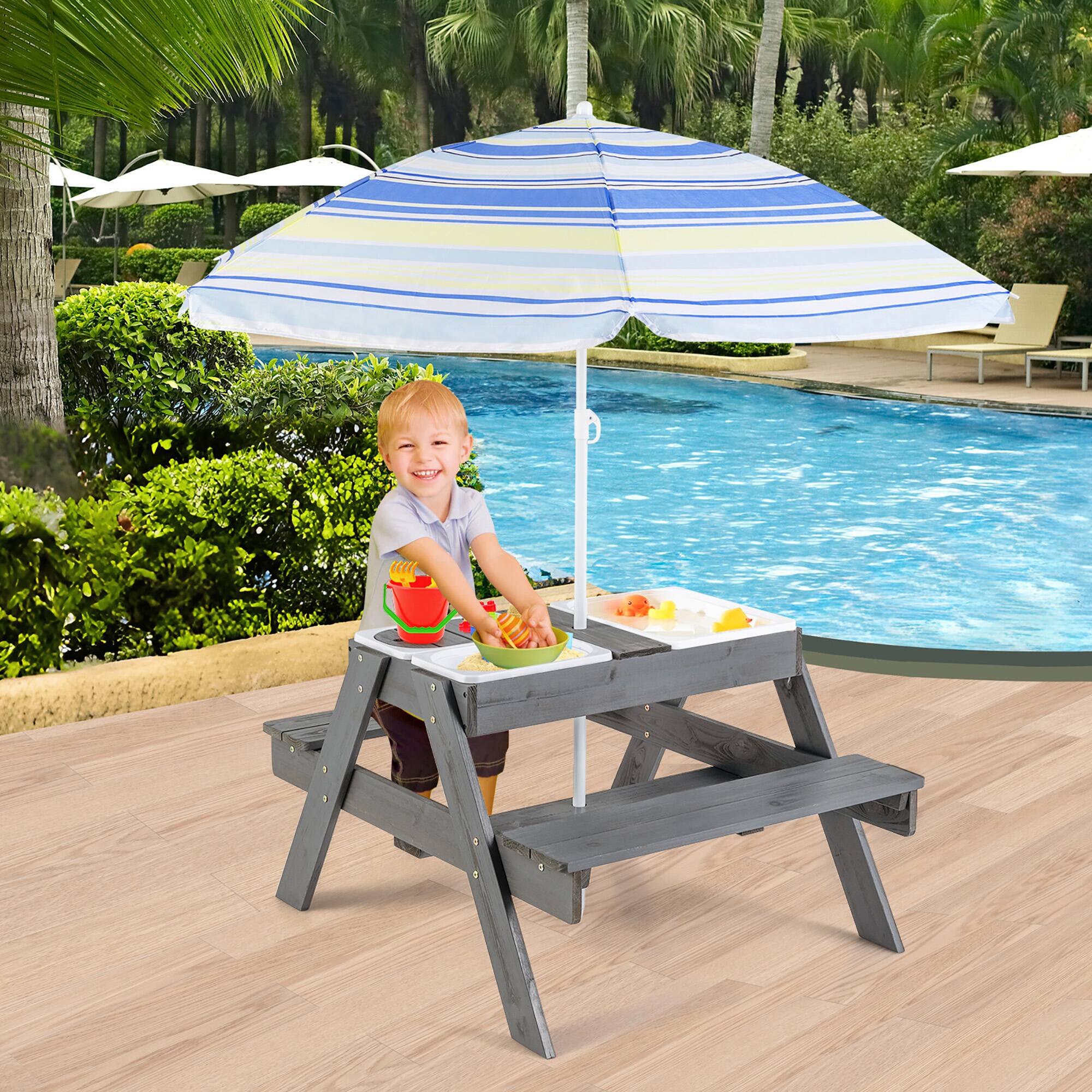 Alt View 1. Gymax - Gymax 4-in-1 Kids Picnic Table Set w/ 3 Removable Bins & Lids Foldable Umbrella - Grey, Blue.