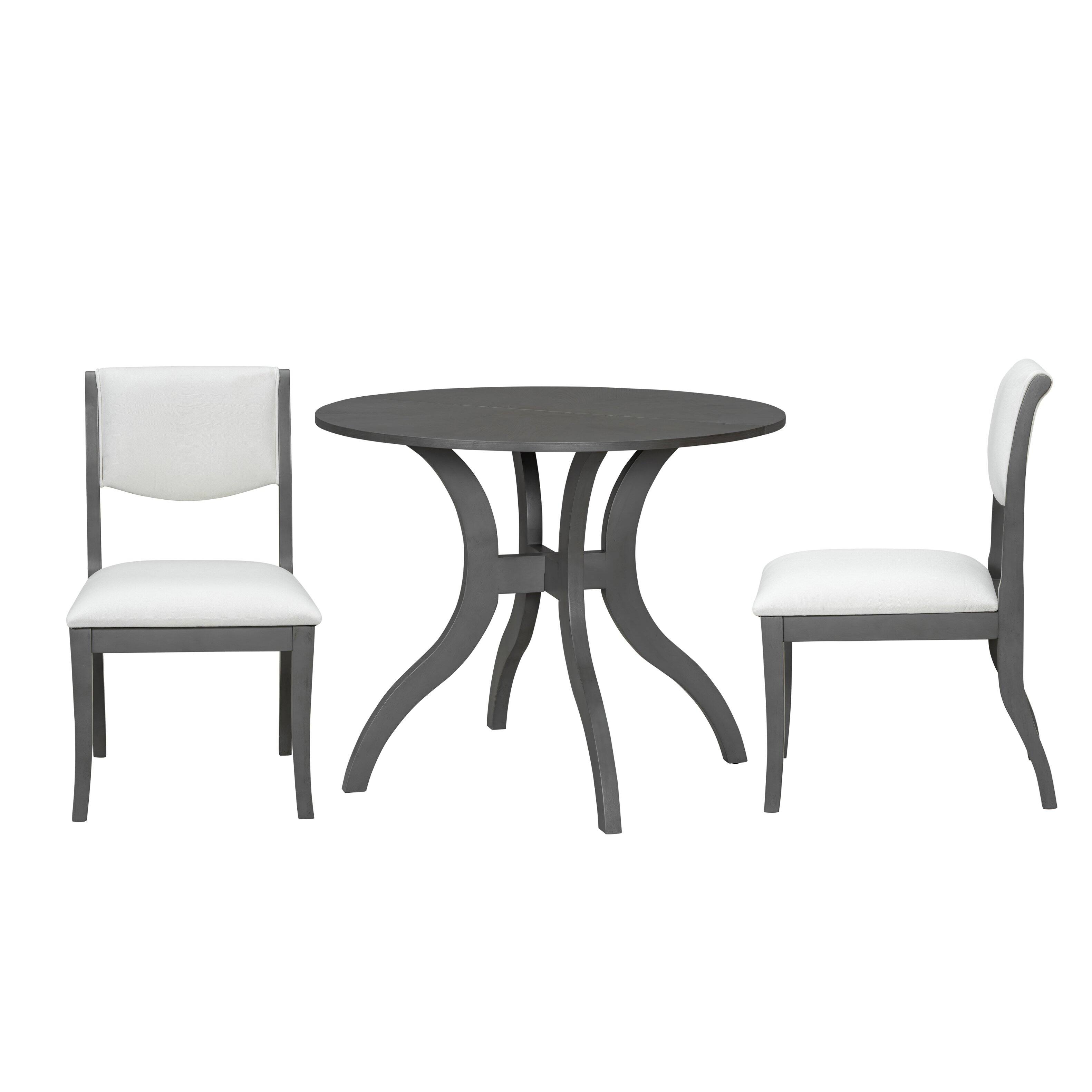 Alt View 2. TinyHomie - Dining Table Set 39.4in Round Table 2 Chairs Traditional Solid Wood Kitchen Set with Inlaid Tabletop Elegant Curved Legs - Grey and White.