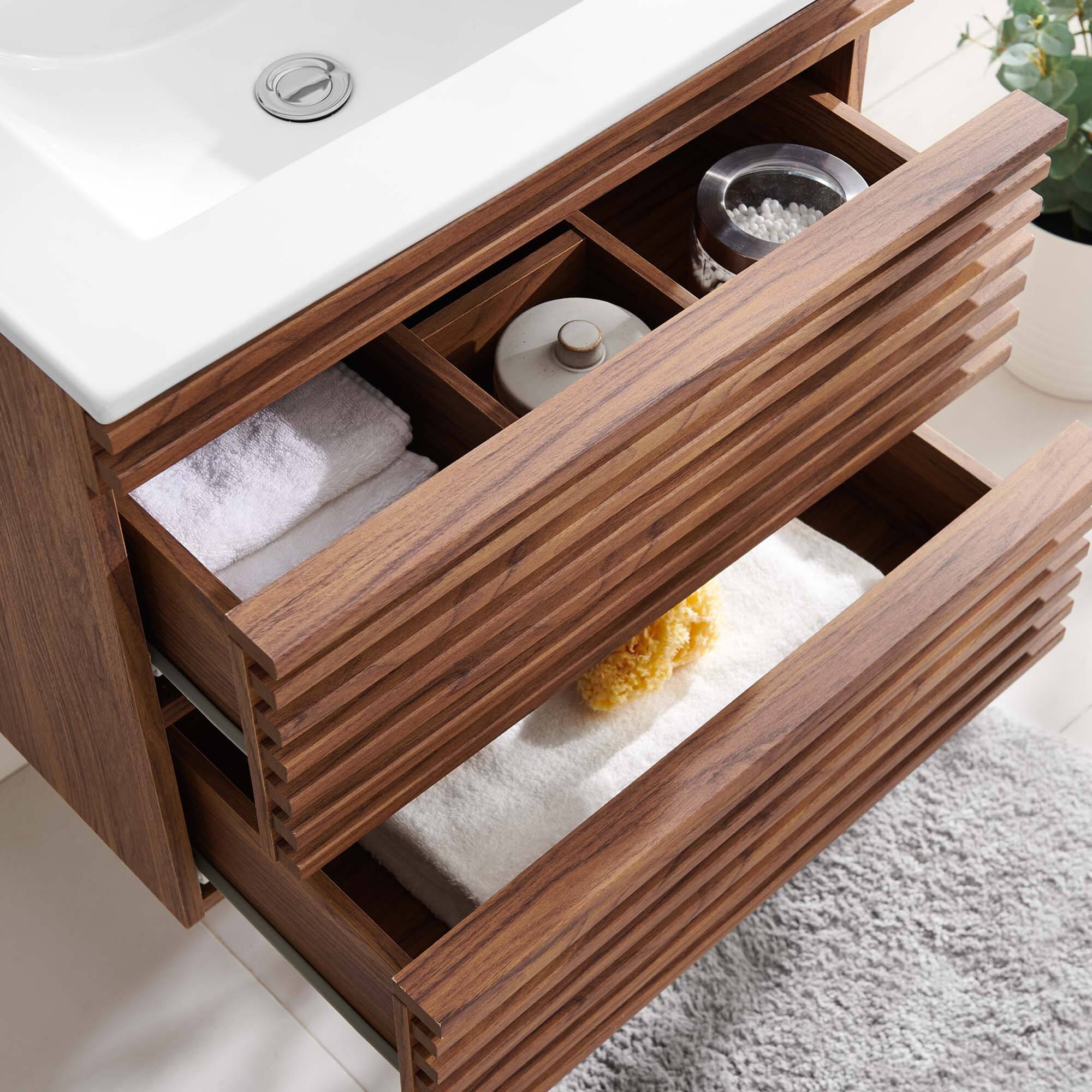 Left. Modway - Render Wall-Mount Bathroom Vanity with White Basin Included - Walnut White.