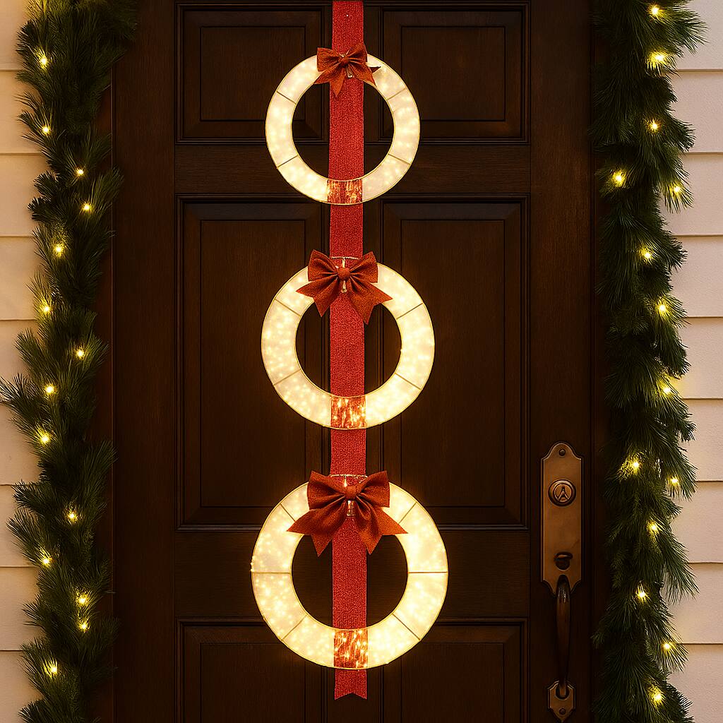 Angle. BreeBe - Set of 3 LED Lighted Holiday Wreaths with Festive Bows - Red.
